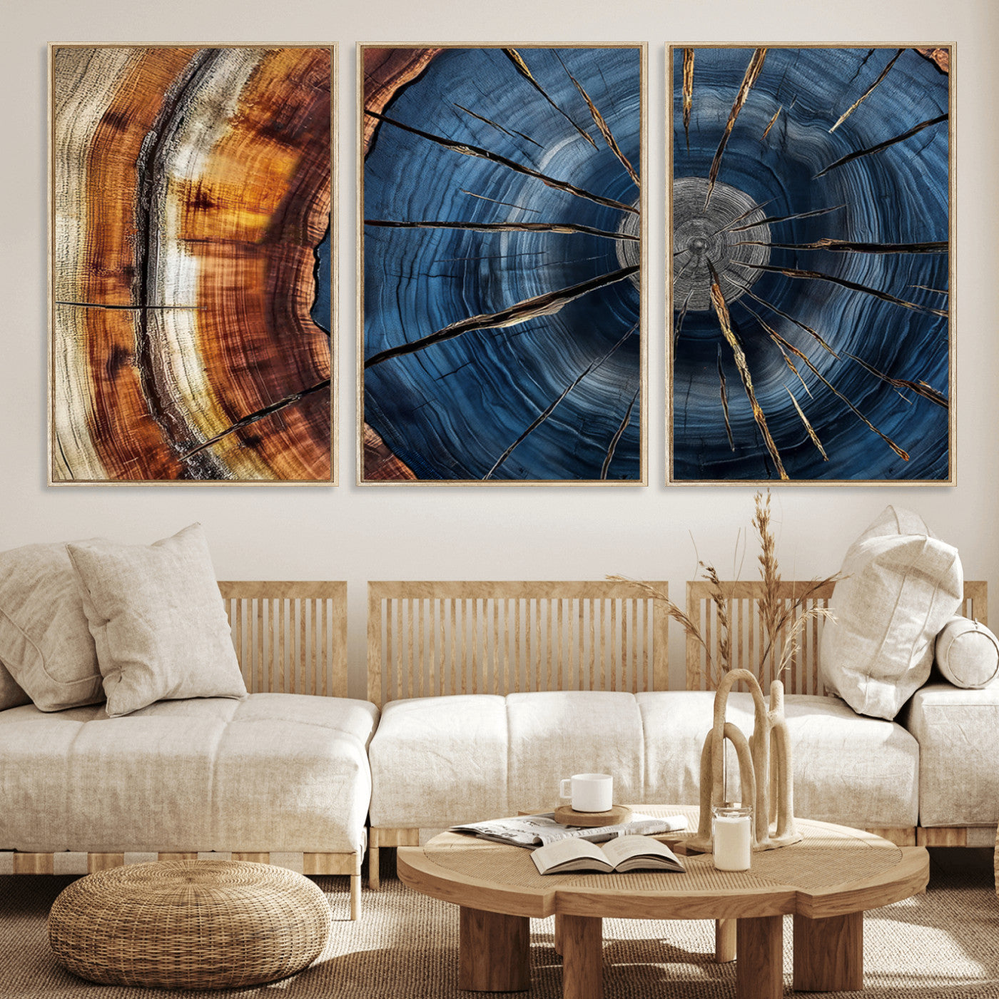 45268471-MGV-FC-60X30-3P_Natural-Blue Tree Ring Wall Art – Rustic Wood Cross Section Canvas Print, Modern Abstract Nature Decor for Living Room, Office, or Cabin