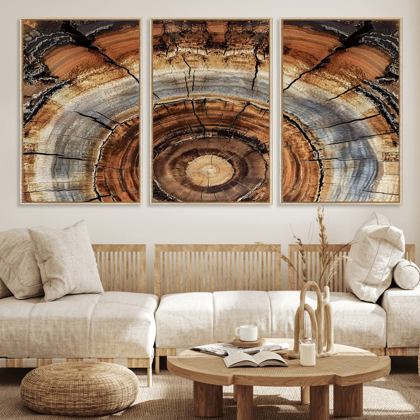 15184146-MGV-FC-60X30-3P_Natural-Tree Rings Wall Art Canvas Print, Framed Wood Texture Art Picture Print, Rustic Pattern Perfect Rustic Organic Decor Artwork
