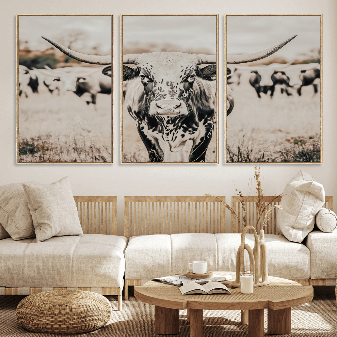 27497342-MGV-FC-60X30-3P_Natural-Texas Longhorn Wall Art Canvas Print, Framed Speckled Cow Art Picture Print, Horned Cattle Perfect Rustic Western Decor Artwork