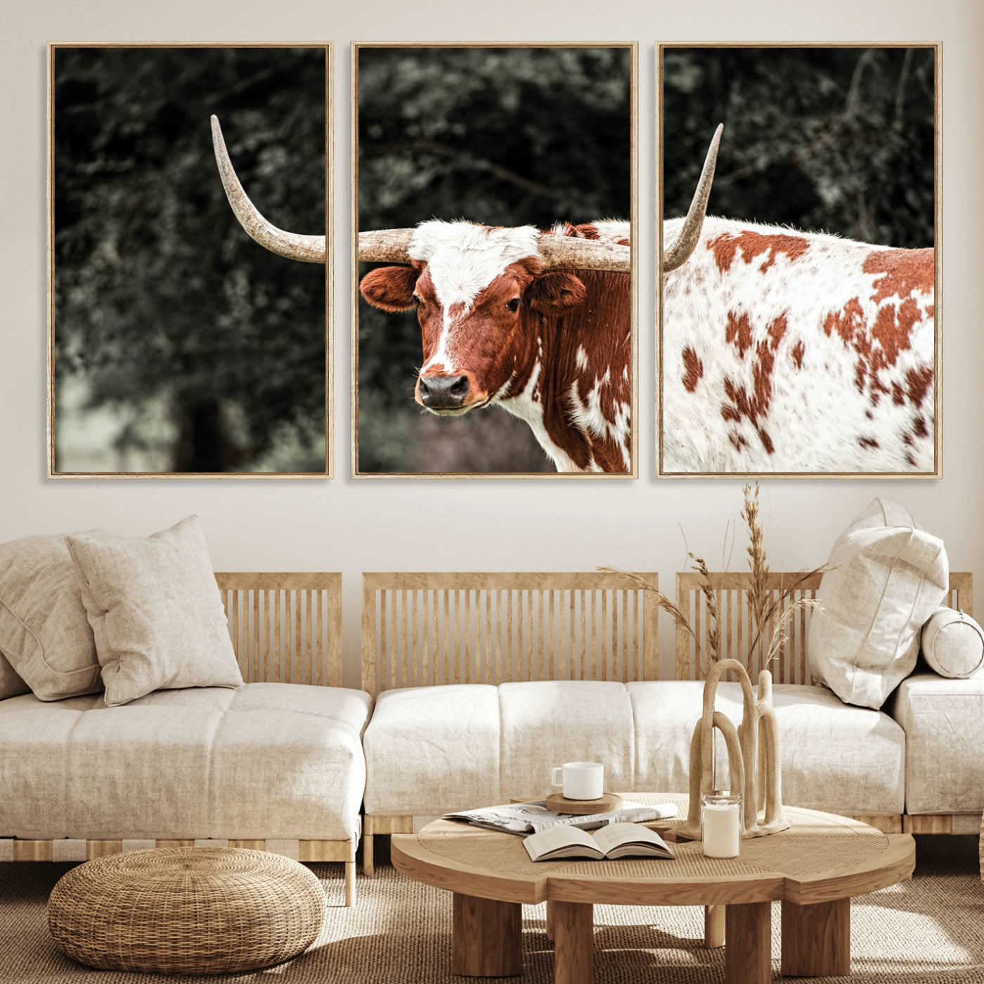 54027638-MGV-FC-60X30-3P_Natural-Texas Longhorn Wall Art Canvas Print, Framed Spotted Cow Art Picture Print, Horned Bull Perfect Rustic Western Decor Artwork