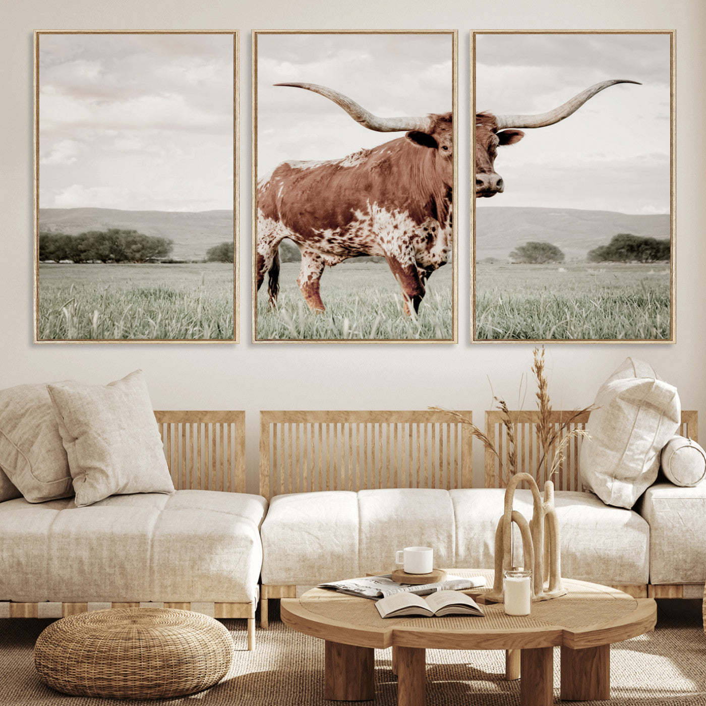 28309012-MGV-FC-60X30-3P_Natural-Texas Longhorn Wall Art Canvas Print, Framed Spotted Cattle Art Picture Print, Horned Bull Perfect Rustic Western Decor Artwork