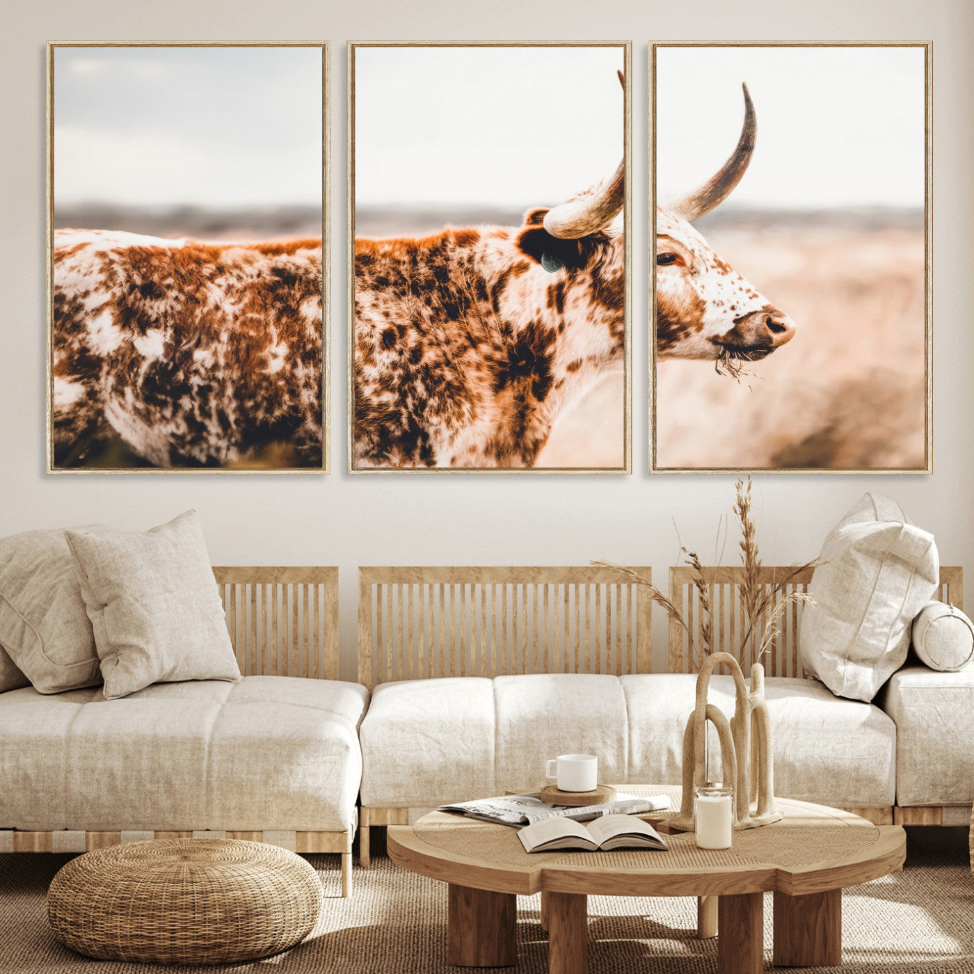 11528295-MGV-FC-60X30-3P_Natural-Speckled Longhorn Wall Art Canvas Print, Framed Texas Cattle Art Picture Print, Horned Cow Perfect Rustic Western Decor Artwork