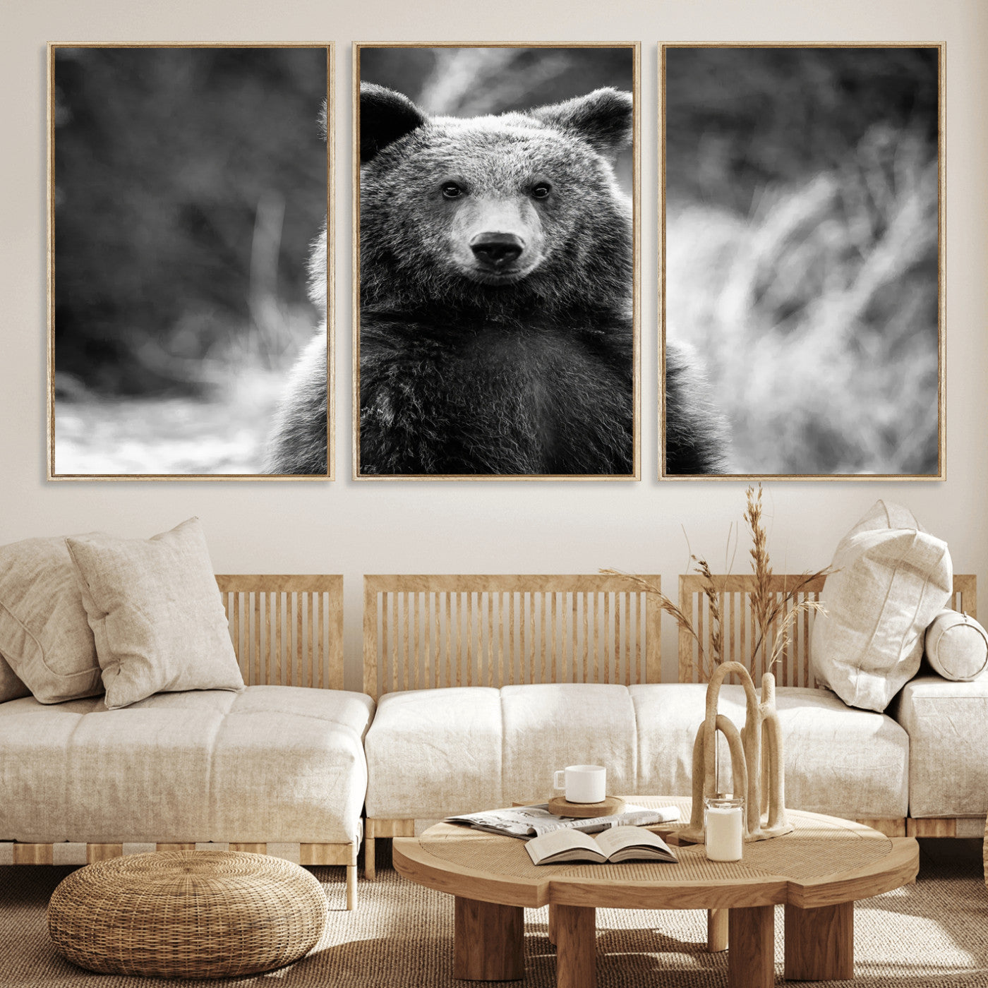 MGV-FC-60X30-3P - Grizzly Bear Wall Art Canvas Print, Framed Black White Bear Art Picture Print, Wild Bear Perfect Rustic Wildlife Decor Artwork