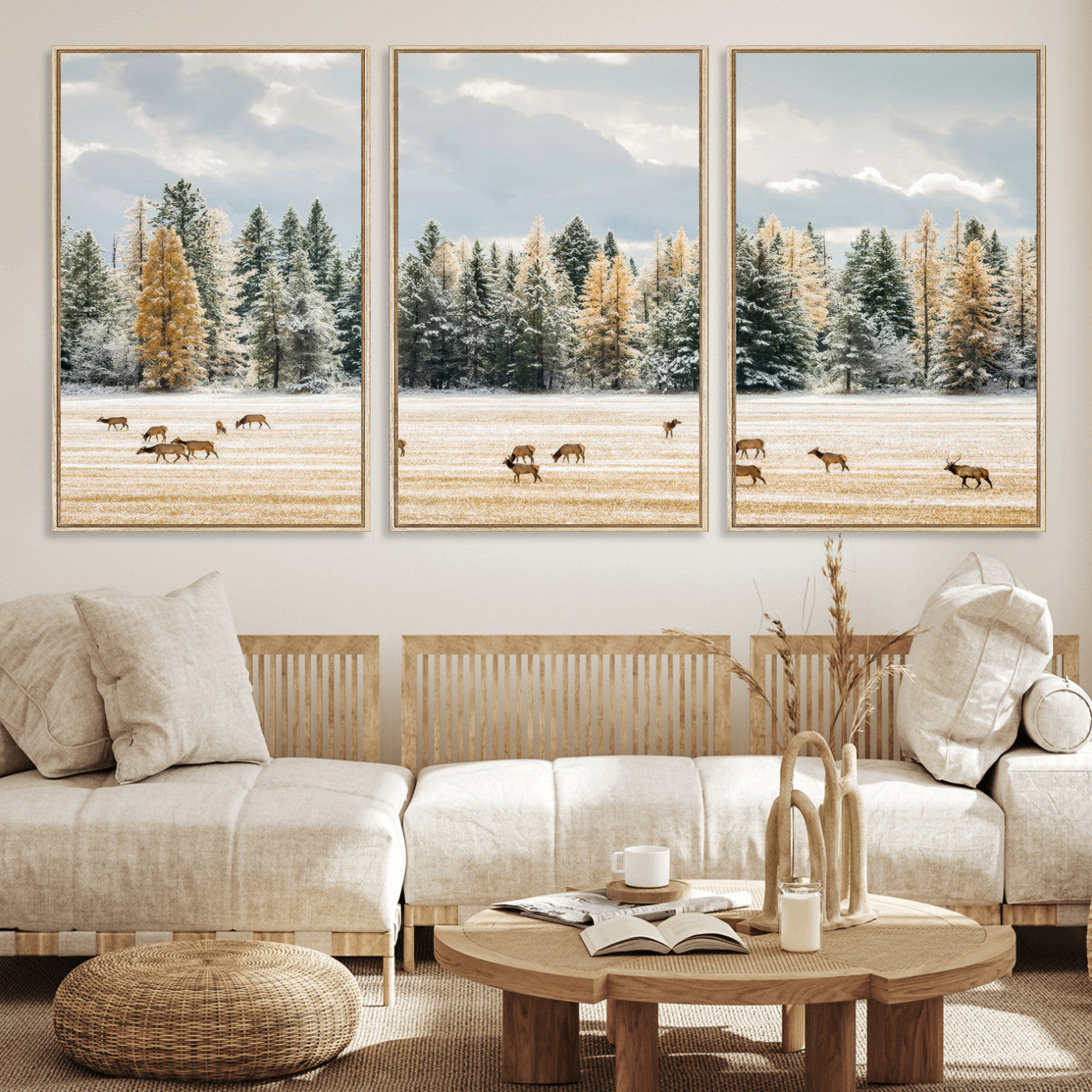 64188182-MGV-FC-60X30-3P_Natural-Elk Herd Wall Art Canvas Print, Framed Snowy Forest Art Picture Print, Forest Elks Perfect Neutral Rustic Decor Artwork