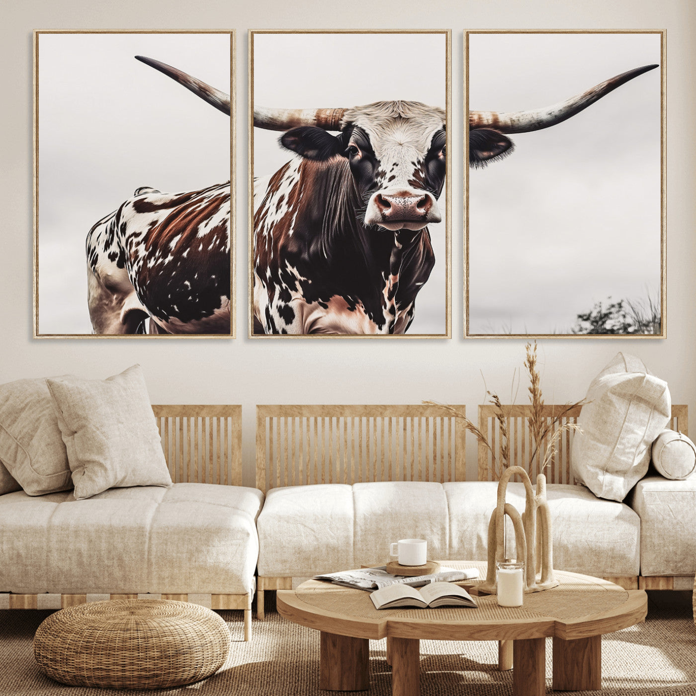 95249234-MGV-FC-60X30-3P_Natural-Texas Longhorn Wall Art Canvas Print, Framed Spotted Bull Art Picture Print, Horned Cattle Perfect Rustic Farmhouse Decor Artwork