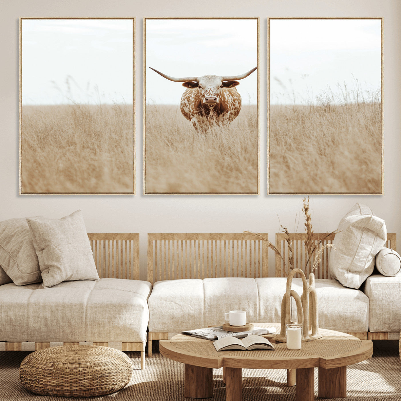 20927060-MGV-CV-36X24-Texas Longhorn Wall Art Canvas Print, Framed Lone Cattle Art Picture Print, Longhorn Bull Perfect Rustic Western Decor Artwork
