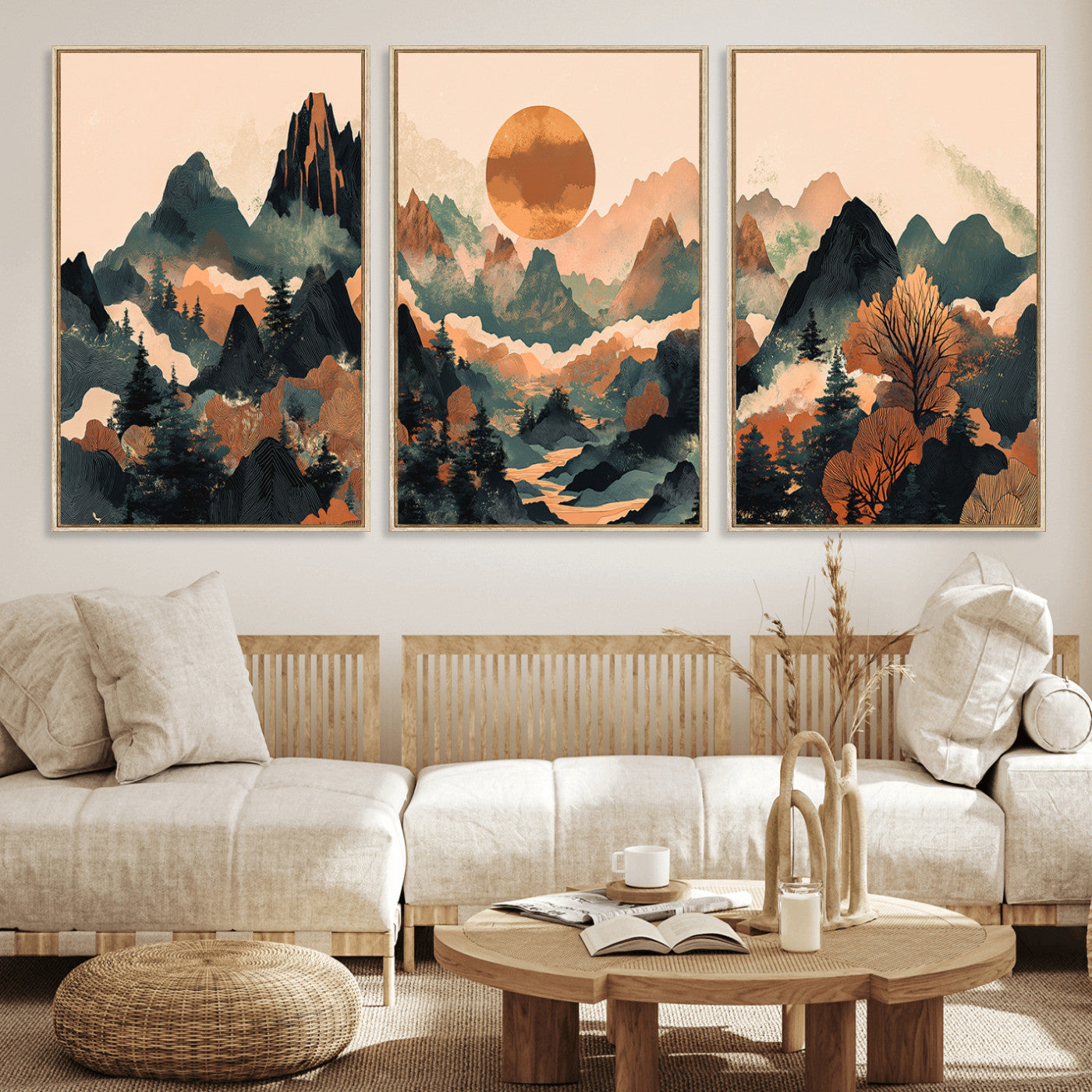 13012770-MGV-FC-60X30-3P_Natural-Mountain Landscape Wall Art – Modern Nature Canvas Print with Sun, Misty Peaks, and Forest in Orange and Green Tones for Living