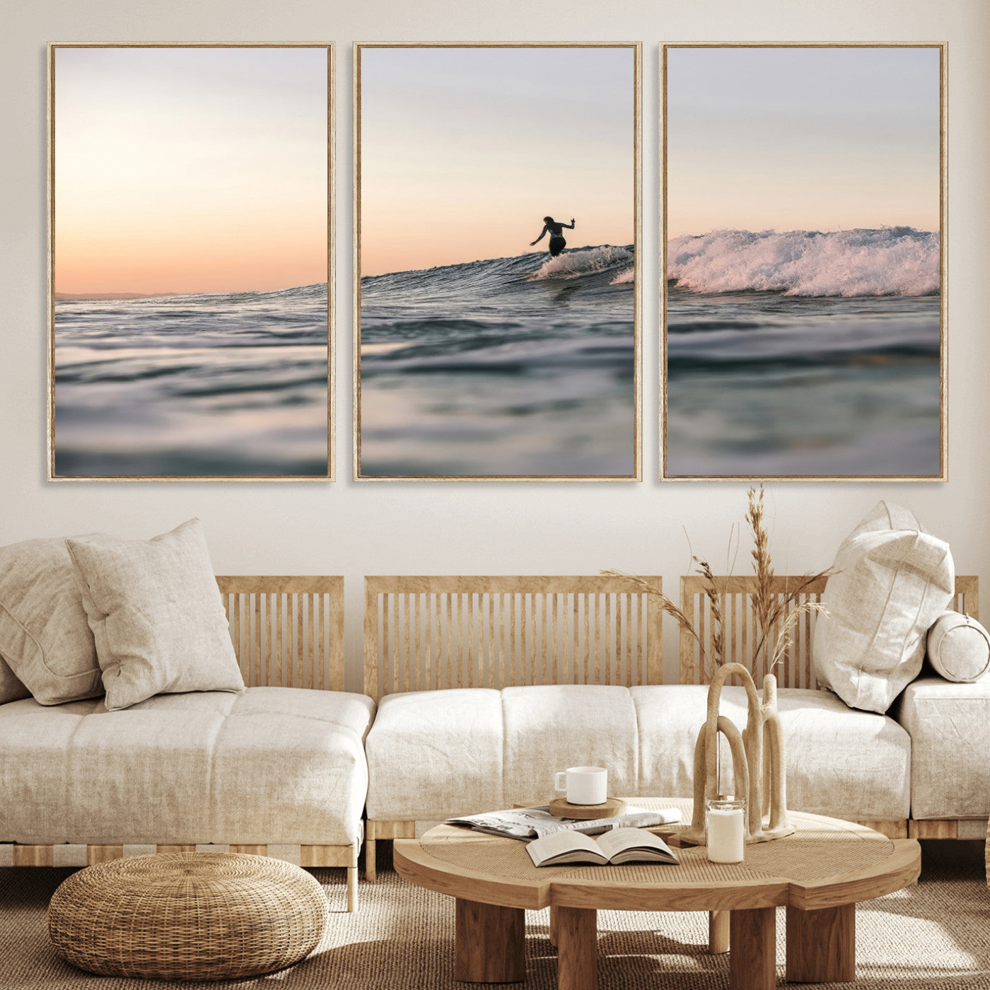 58502923-MGV-FC-60X30-3P_Natural-Wave Rider Wall Art Canvas Print, Framed Ocean Wave Art Picture Print, Riding Surf Perfect Sunset Surf Decor Artwork