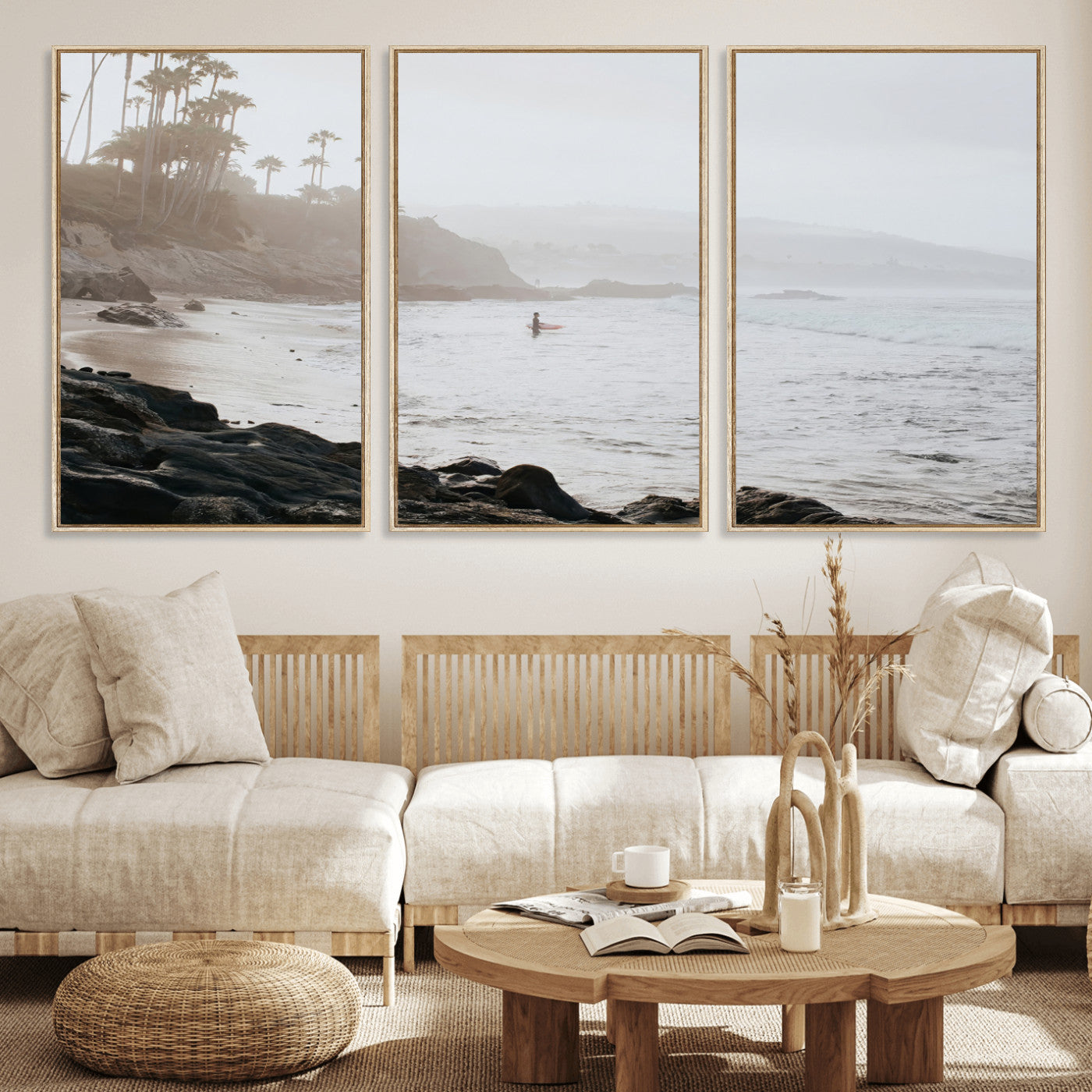 62501405-MGV-FC-60X30-3P_Natural-Misty Beach Wall Art Canvas Print, Framed California Surfer Art Picture Print, Coastal Cliff Perfect Coastal Beach Decor Artwork