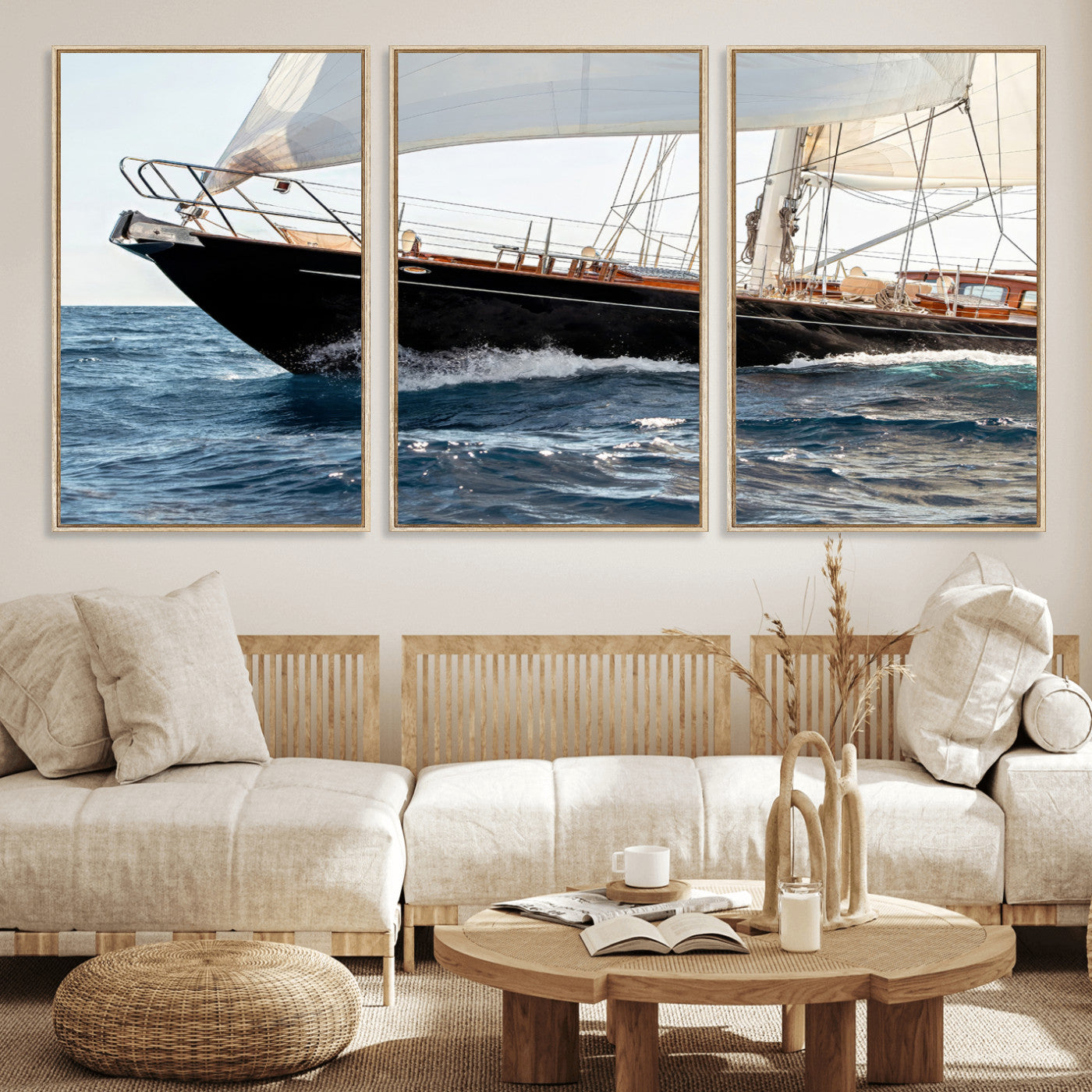 97168626-MGV-CV-36X24-Sailing Yacht Wall Art Canvas Print, Framed Wooden Yacht Art Picture Print, Ocean Waves Perfect Nautical Coastal Decor Artwork