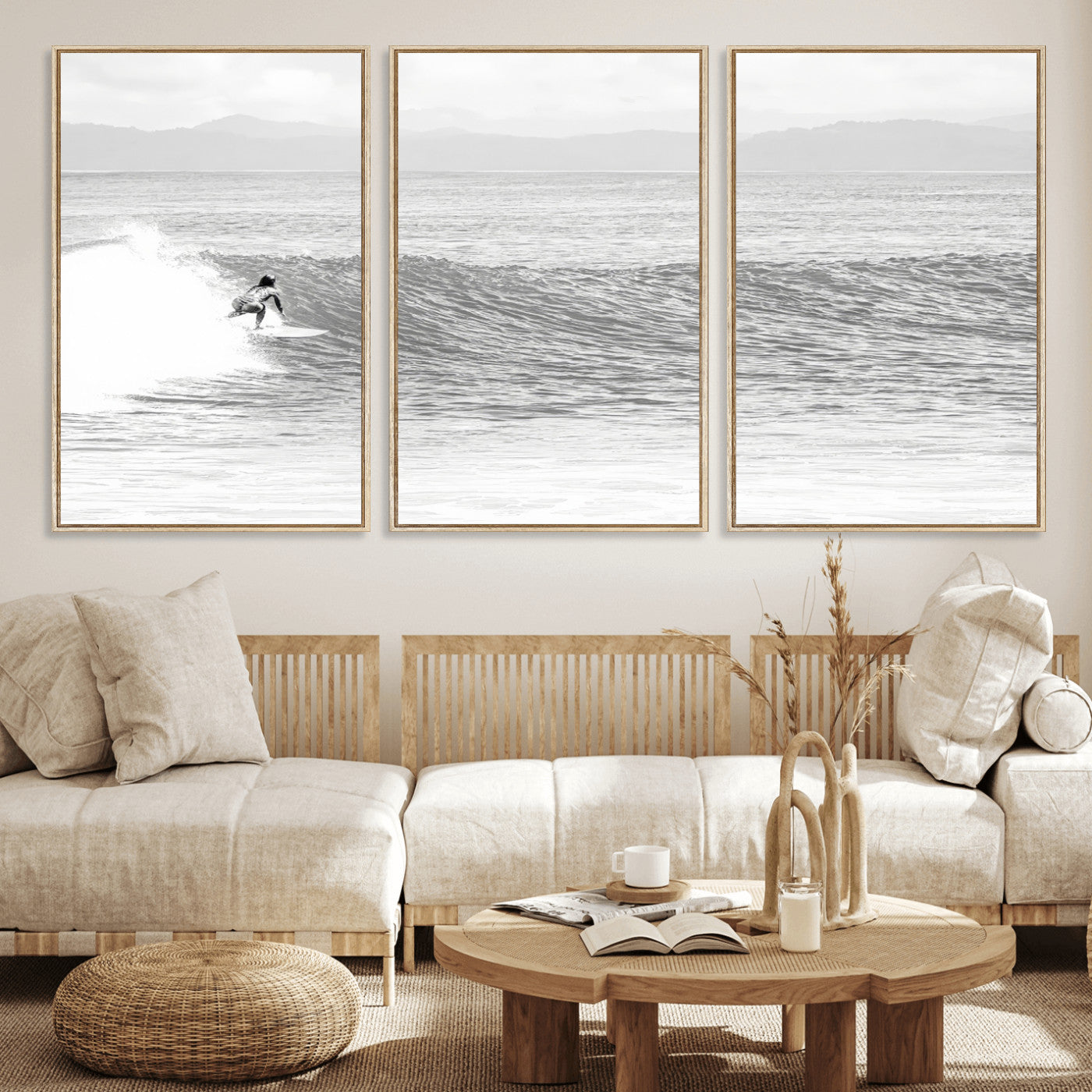 81535128-MGV-CV-36X24-Surfer Woman Wall Art Canvas Print, Framed Black Ocean Art Picture Print, Ocean Surfing Perfect Monochrome Coastal Decor Artwork