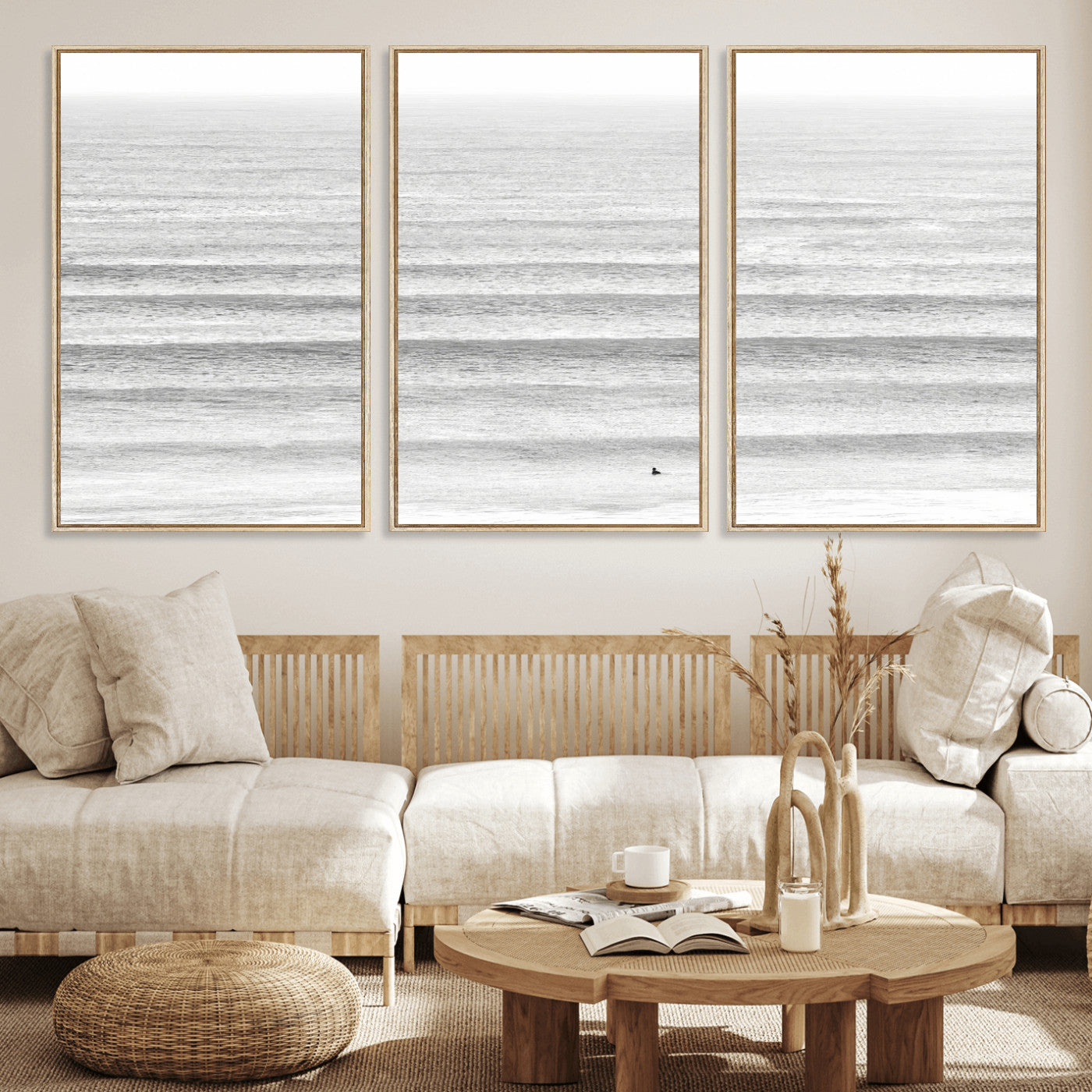 66534476-MGV-CV-36X24-Lone Surfer Wall Art Canvas Print, Framed Ocean Waves Art Picture Print, Minimal Sea Perfect Minimal Coastal Decor Artwork