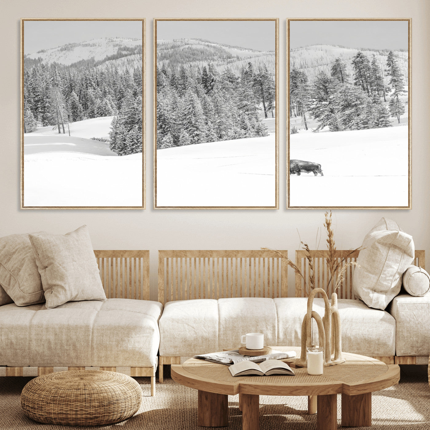 68081143-MGV-CV-36X24-Snowy Bison Wall Art Canvas Print, Framed Winter Forest Art Picture Print, Lone Bison Perfect Monochrome Winter Wild Decor Artwork