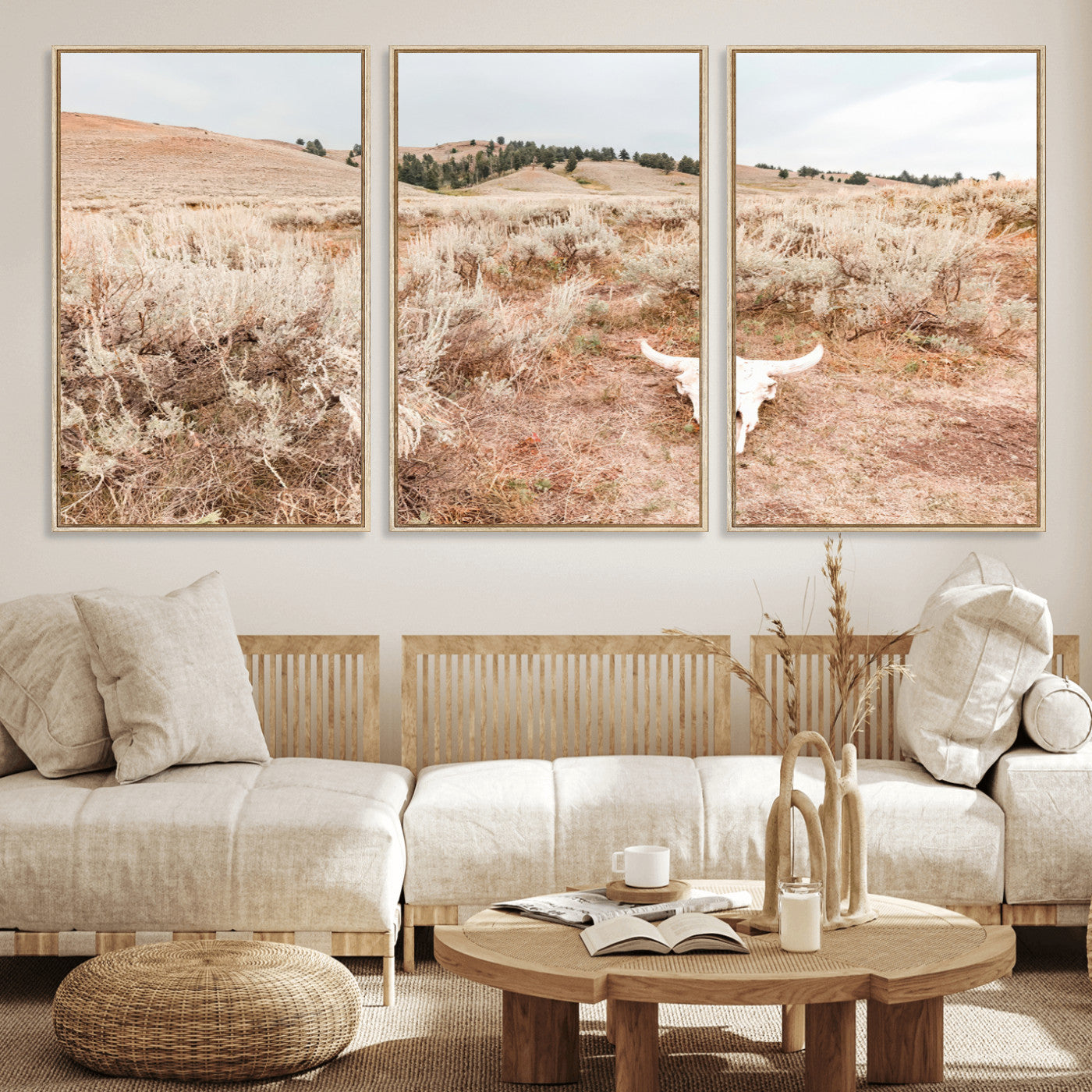 97234735-MGV-CV-36X24-Rustic Bones Wall Art Canvas Print, Framed Desert Sage Art Picture Print, Prairie Skull Perfect Minimal Rustic Decor Artwork