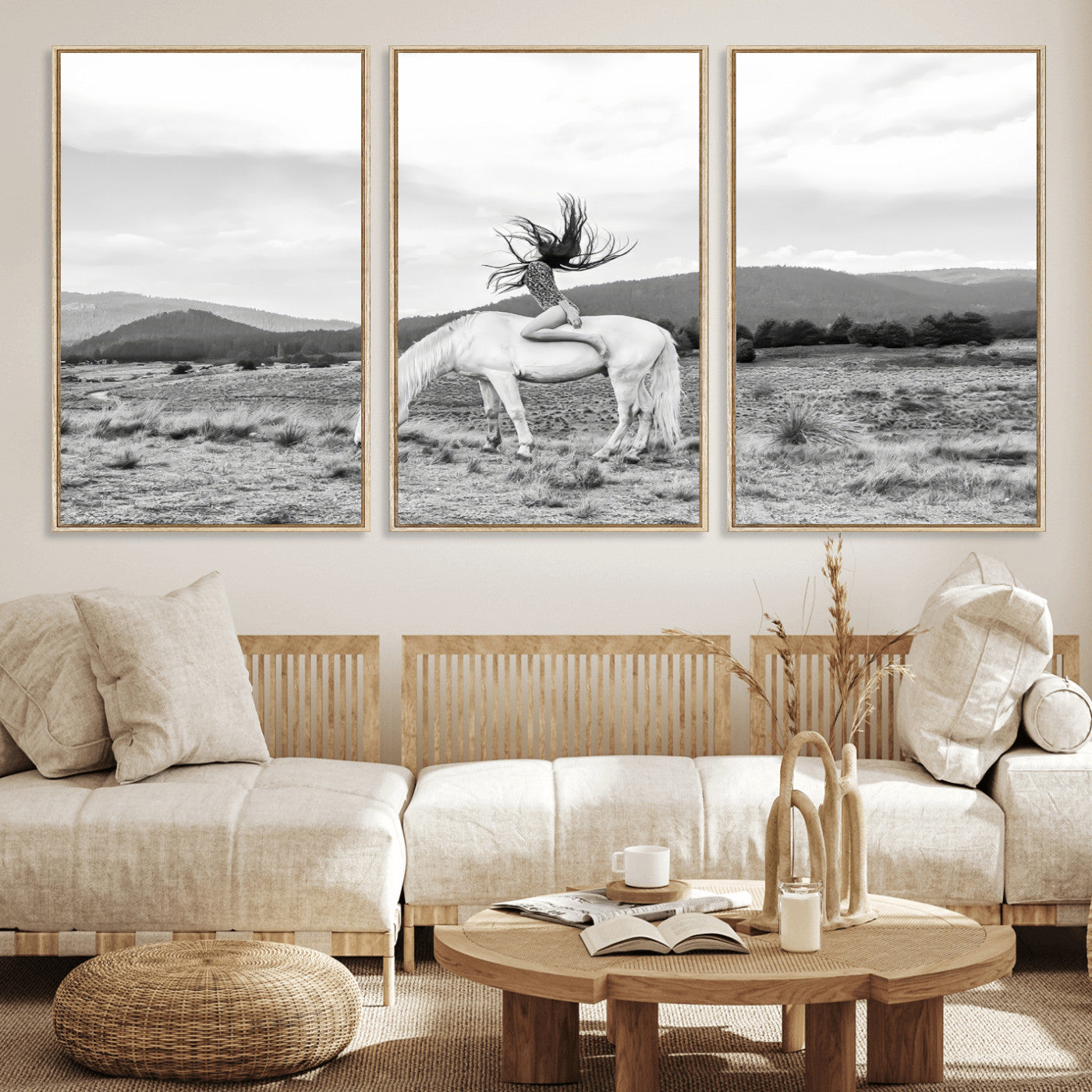 62789800-MGV-FC-60X30-3P_Natural-White Horse Wall Art Canvas Print, Framed Woman Rider Art Picture Print, Equestrian Pose Perfect Western Boho Decor Artwork