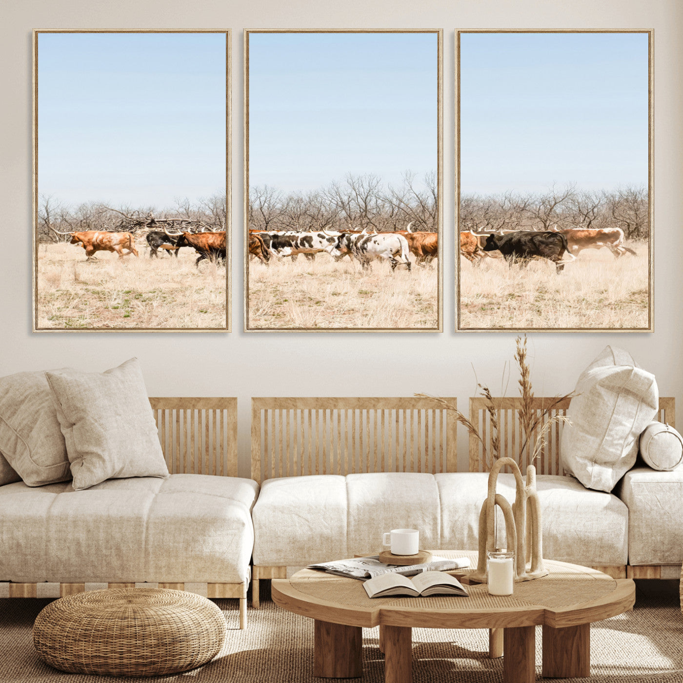 16563092-MGV-CV-36X24-Texas Longhorns Wall Art Canvas Print, Framed Western Cattles Art Picture Print, Rustic Herd Perfect Rustic Farmhouse Decor