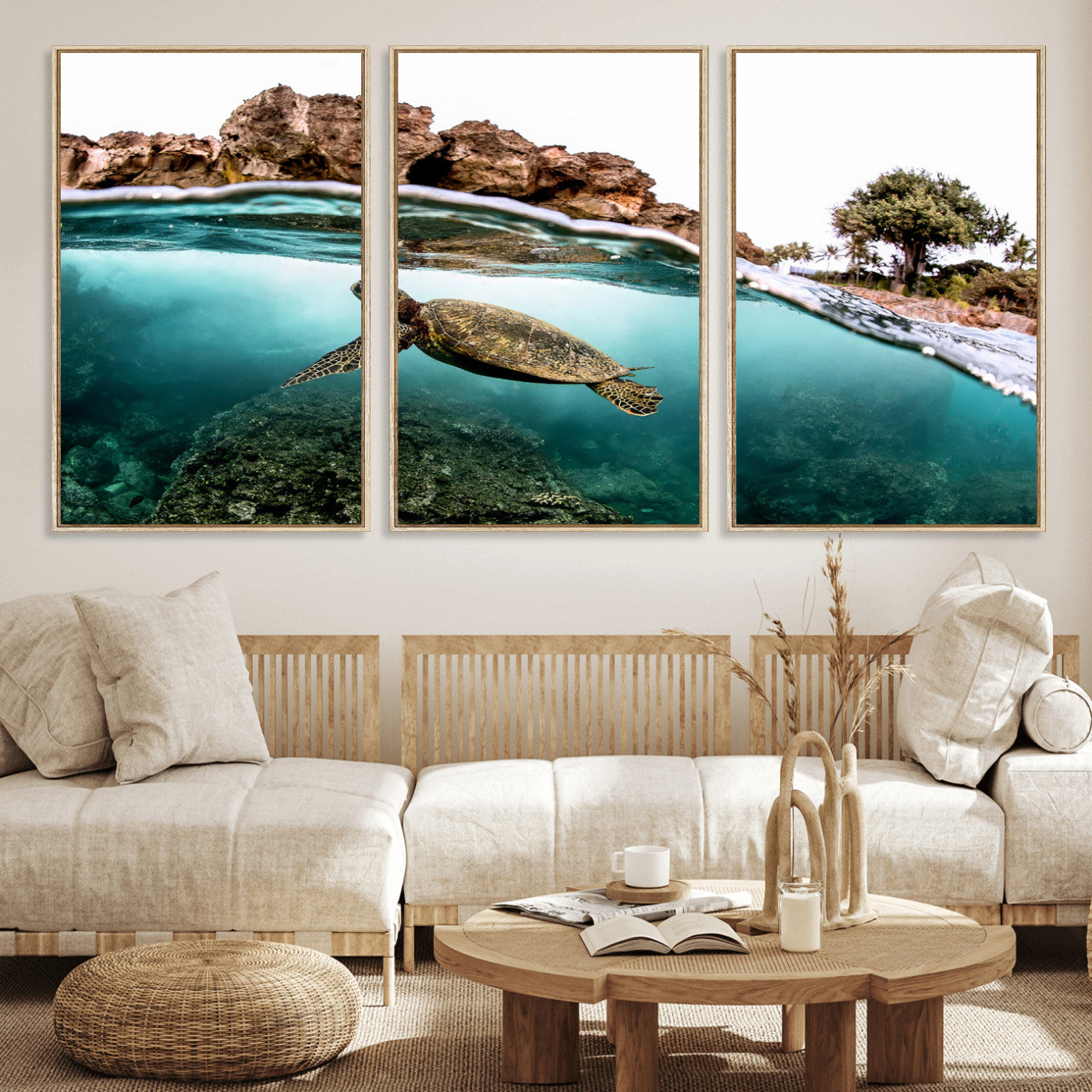 44200301-MGV-CV-36X24-Sea Turtle Swim Wall Art Canvas Print, Framed Ocean Life Art Picture Print, Tropical Shoreline Perfect Tropical Coastal Decor