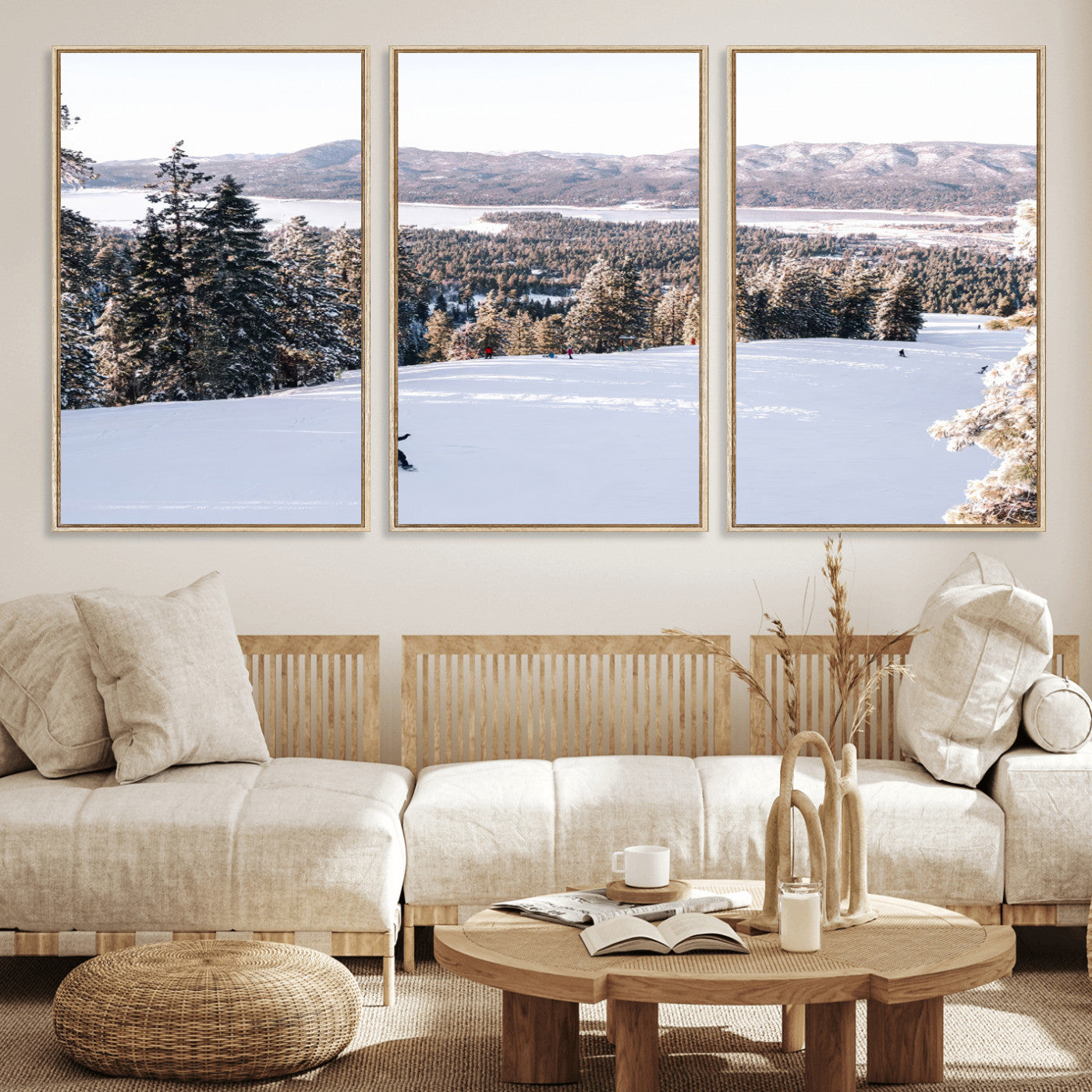 79857868-MGV-FC-60X30-3P_Natural-Snowy Mountain Wall Art Canvas Print, Framed Ski Slope Art Picture Print, Winter Forest Perfect Modern Rustic Decor Artwork