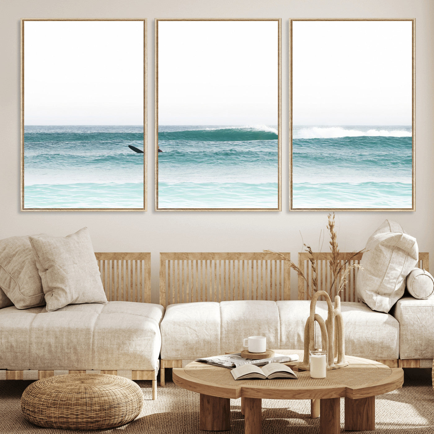 56345117-MGV-FC-60X30-3P_Natural-Minimalist Surfing Wall Art Canvas Print, Framed Ocean Waves Art Picture Print, Soft Ocean Perfect Minimalist Coastal Decor