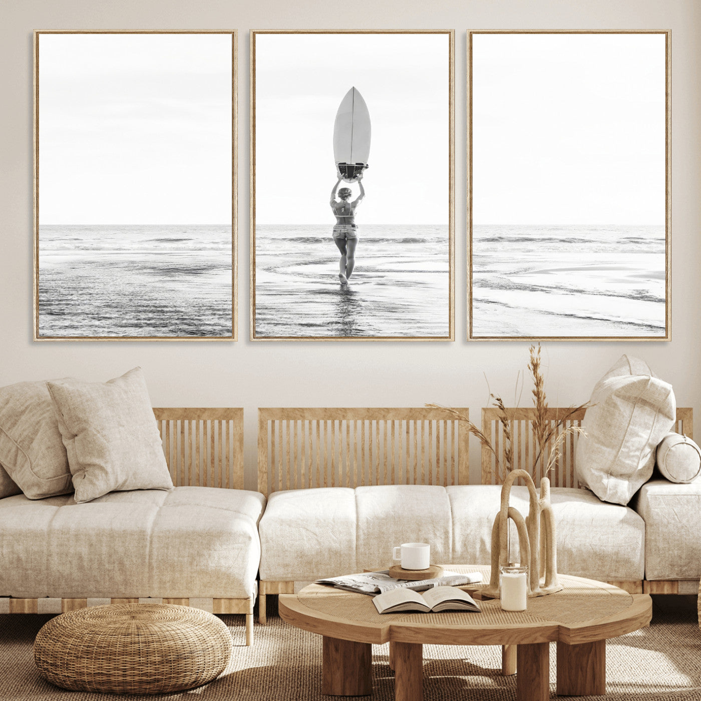 98446901-MGV-CV-36X24-Monochrome Surf Wall Art Canvas Print, Framed Minimalist Surfer Art Picture Print, Surfboard Silhouette Perfect Coastal Minimalist