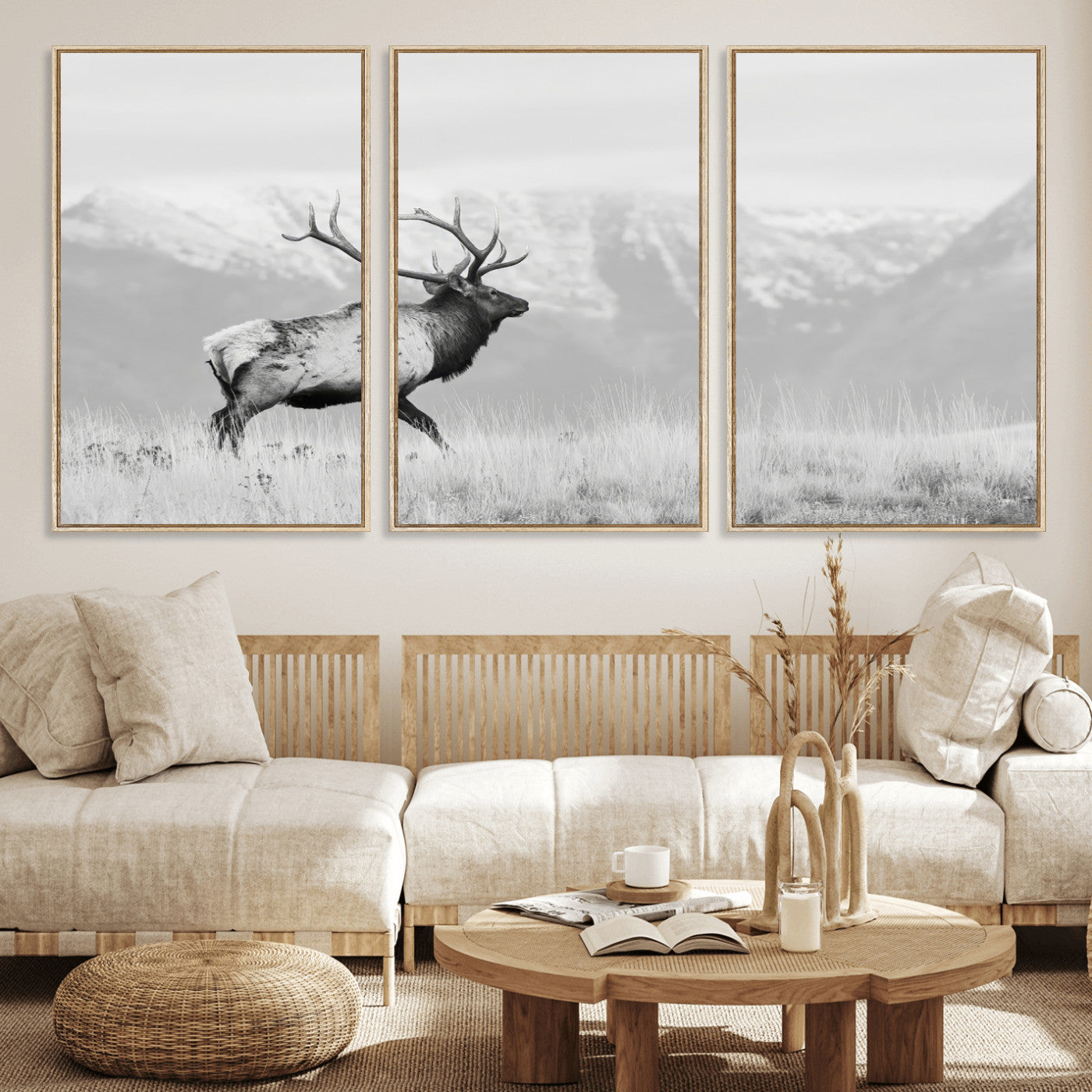 62278753-MGV-FC-60X30-3P_Natural-Monochrome Elk Wall Art Canvas Print, Framed Mountain Wildlife Art Picture Print, Rustic Nature Perfect Rustic Minimalist Decor