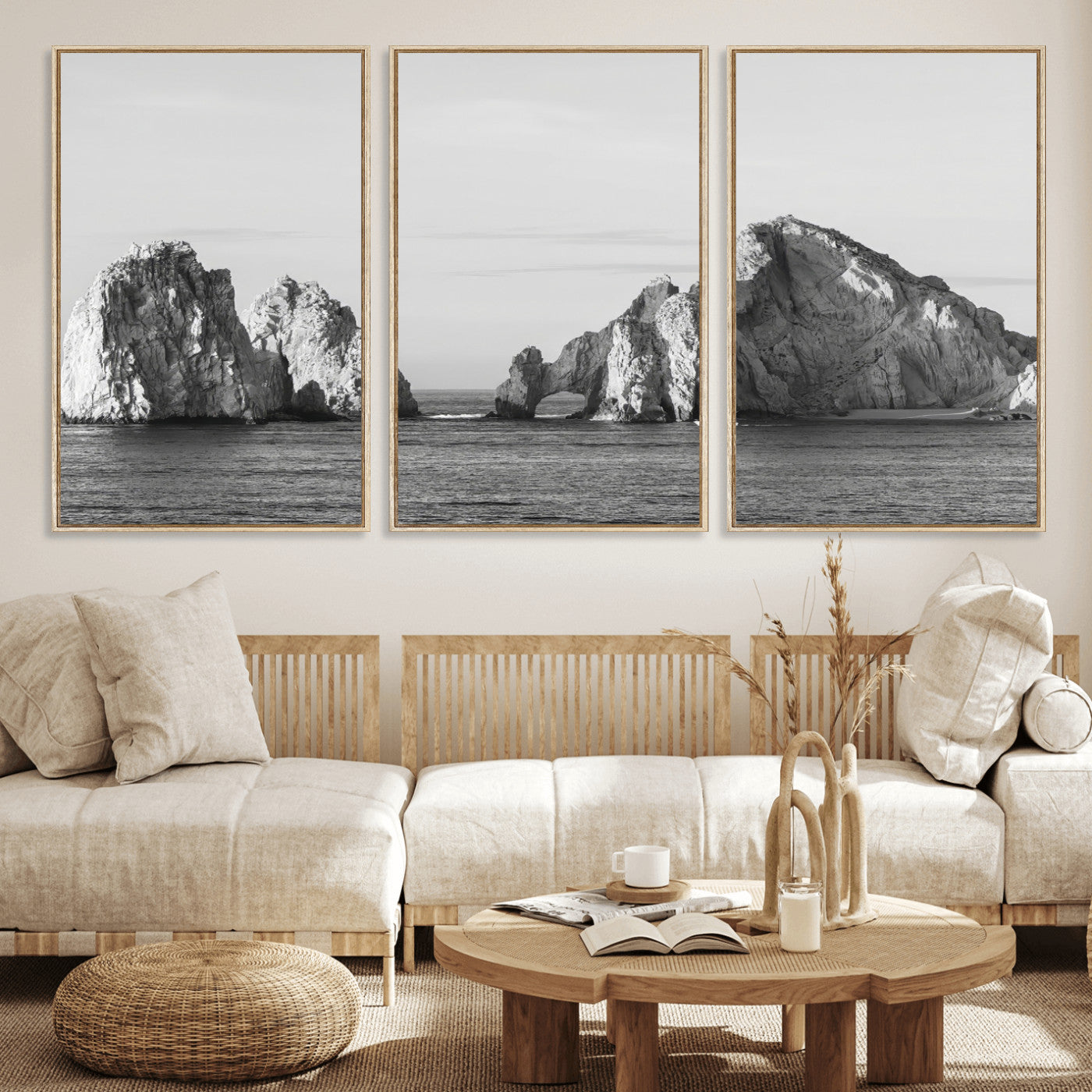 18810731-MGV-FC-60X30-3P_Natural-Rugged Coastline Wall Art Canvas Print, Framed Ocean Cliffs Art Picture Print, Monochrome Seascape Perfect Coastal Minimalist