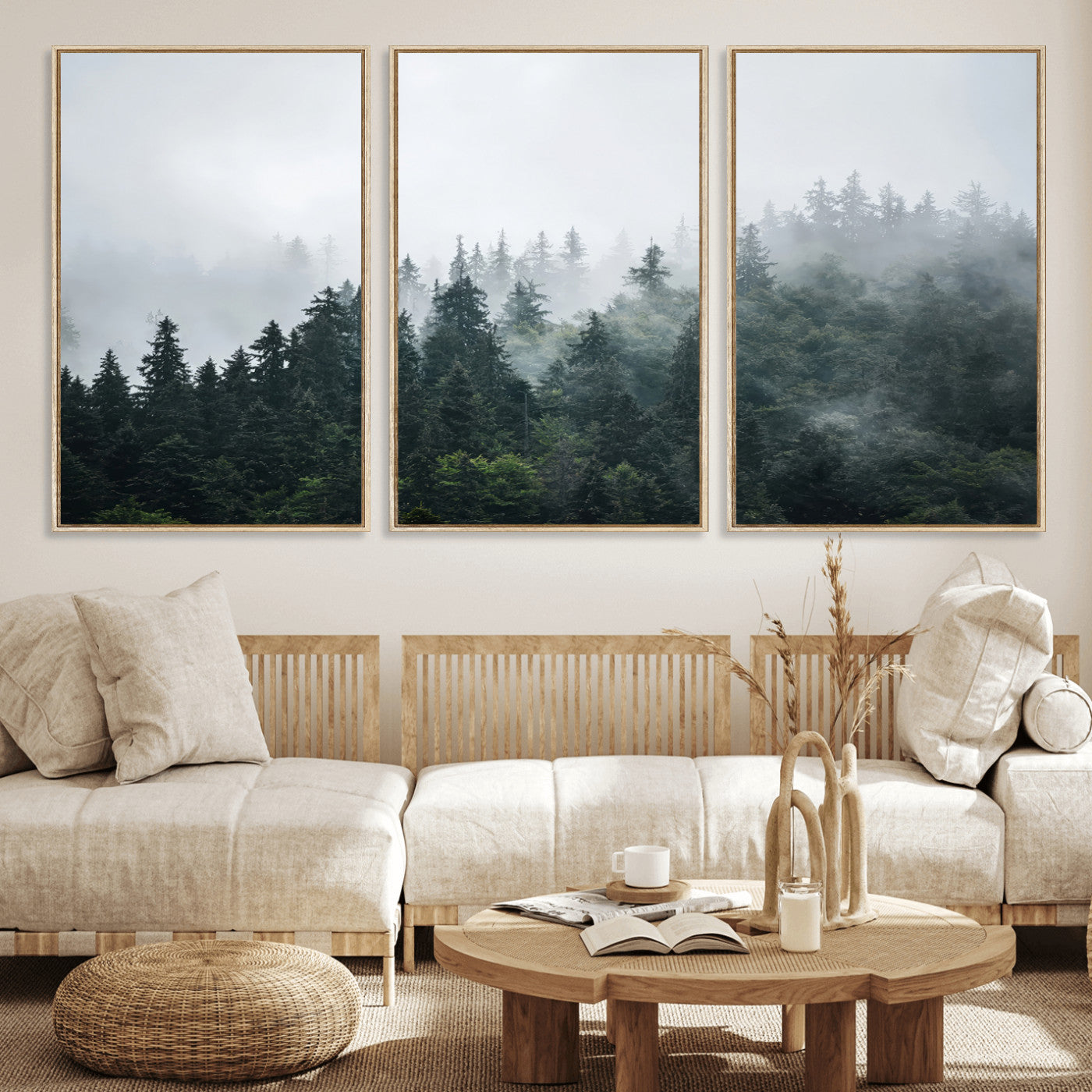 84146572-MGV-CV-36X24-Foggy Pine Trees Wall Art Canvas Print, Framed Forest Nature Art Picture Print, Evergreen Forest Perfect Scandinavian Minimalist