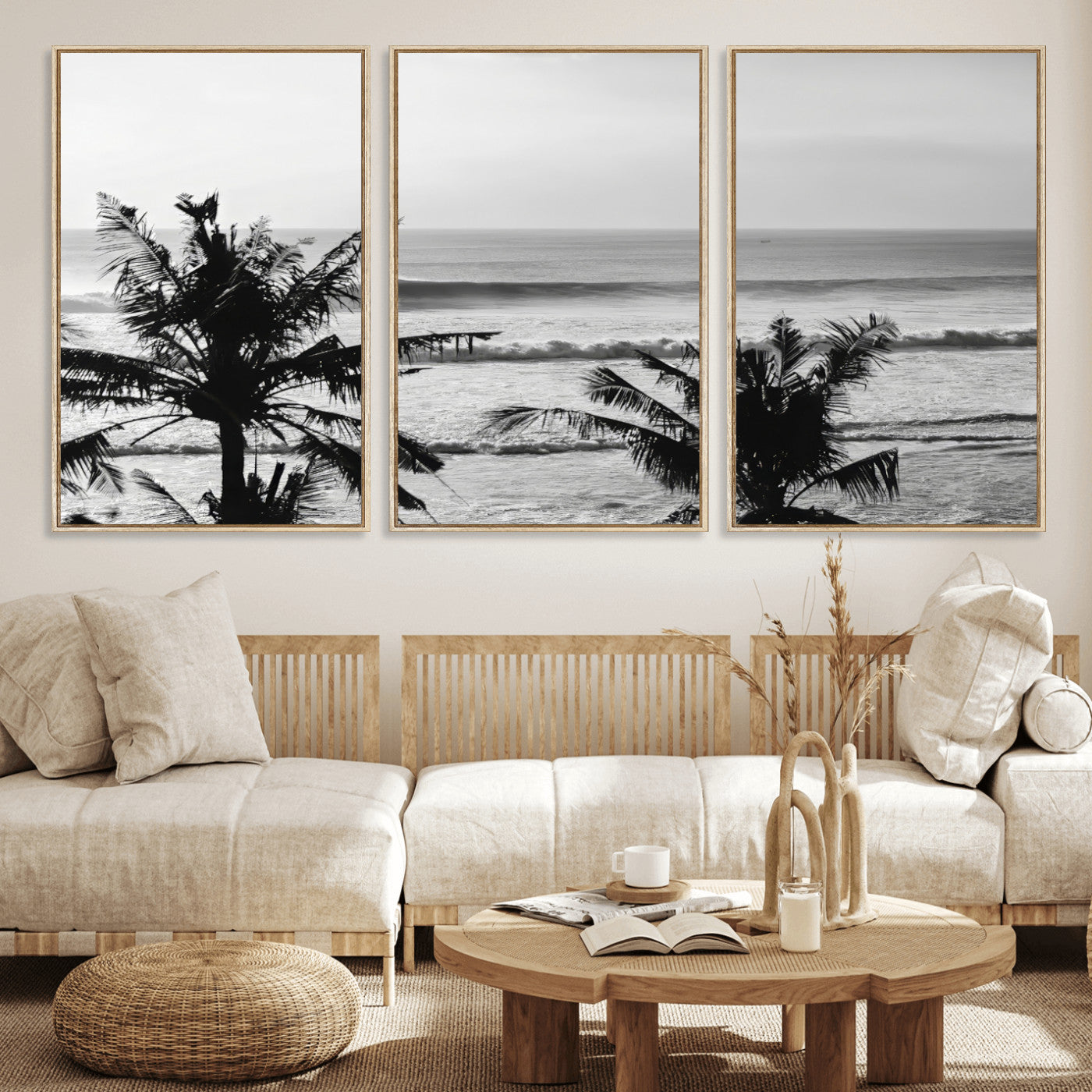 17508038-MGV-CV-36X24-Tropical Coastline Wall Art Canvas Print, Framed Palm Trees Art Picture Print, Ocean Waves Perfect Minimalist Coastal Decor