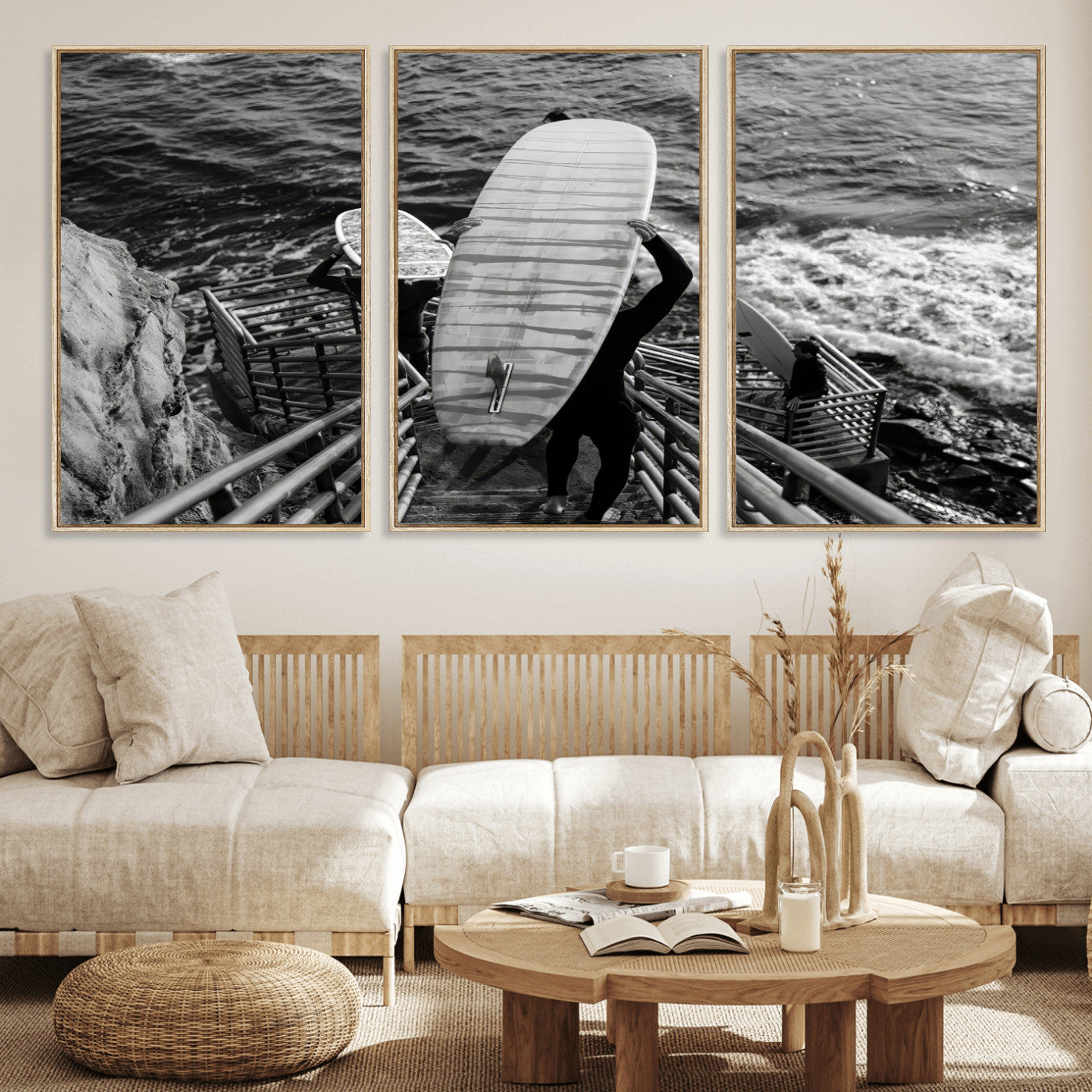 32353707-MGV-CV-36X24-Black White Surfing Wall Art Canvas Print, Framed Coastal Surfing Art Picture Print, Wave Riders Perfect Coastal Adventure Decor