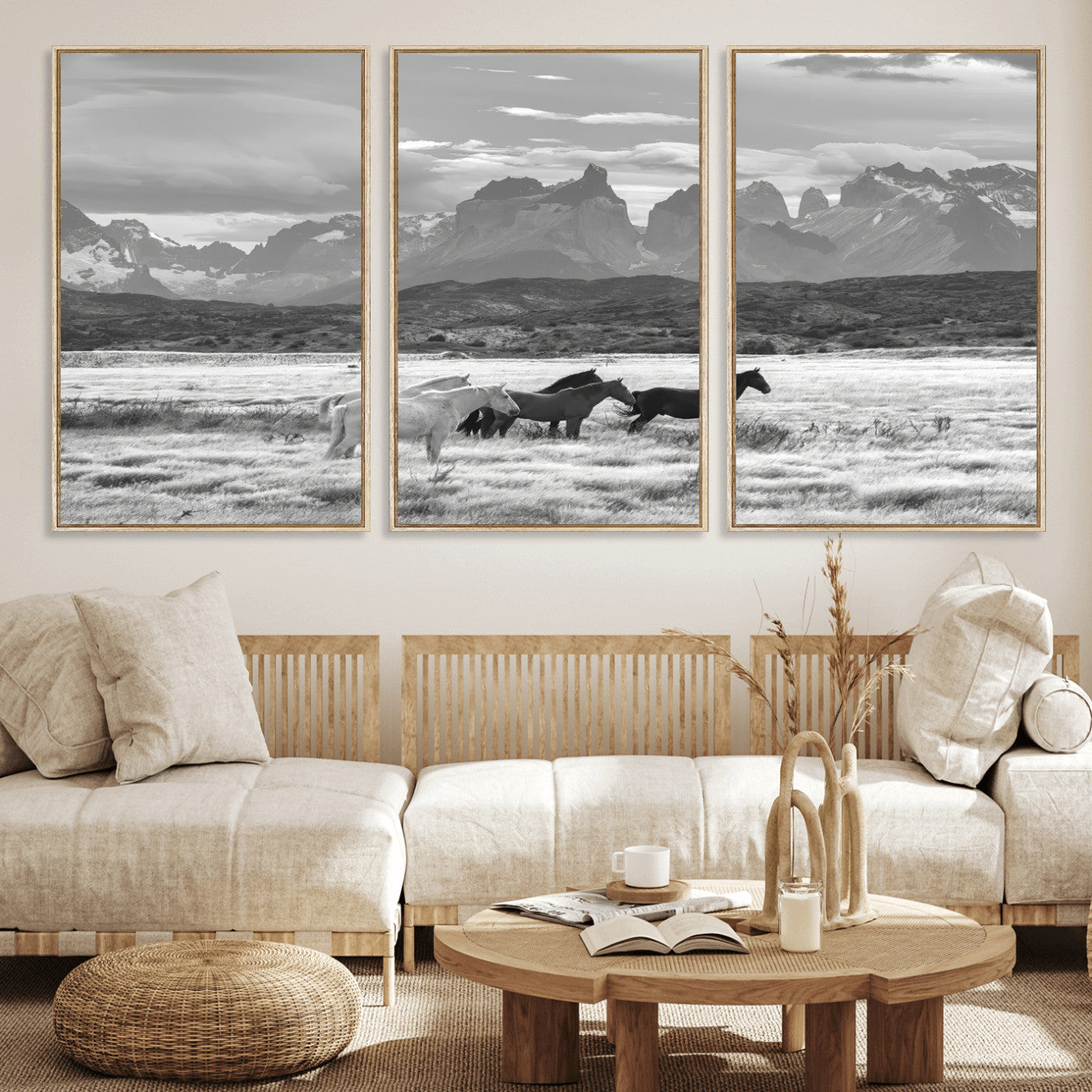 21655040-MGV-CV-36X24-Wild Horses Wall Art Canvas Print, Framed Black White Mountains Art Picture Print, Rustic Countryside Perfect Rustic Western Decor