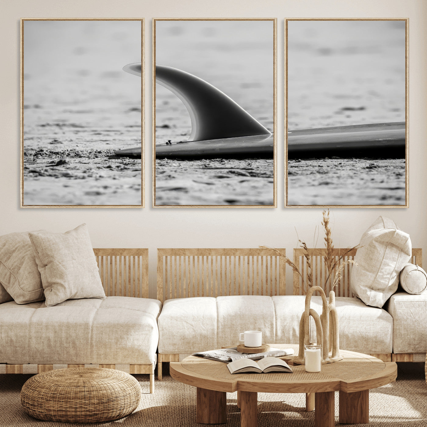 62314230-MGV-FC-60X30-3P_Natural-Black White Surfboard Wall Art Canvas Print, Framed Minimalist Beach Art Picture Print, Surf Fin Perfect Minimalist Coastal Decor