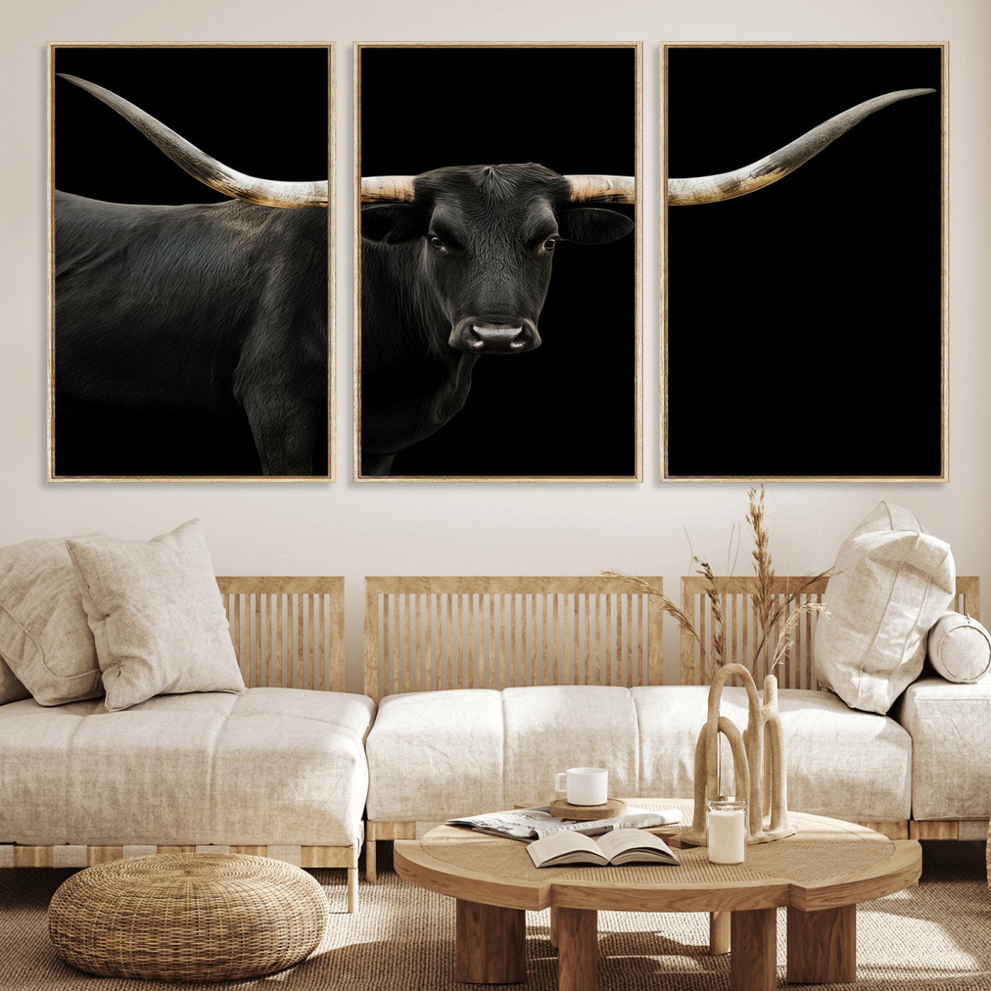 99448328-MGV-FC-60X30-3P_Natural-Longhorn Cattle Wall Art Canvas Print, Framed Texas Ranch Art Picture Print, Western Cow Perfect Farmhouse Decor Artwork