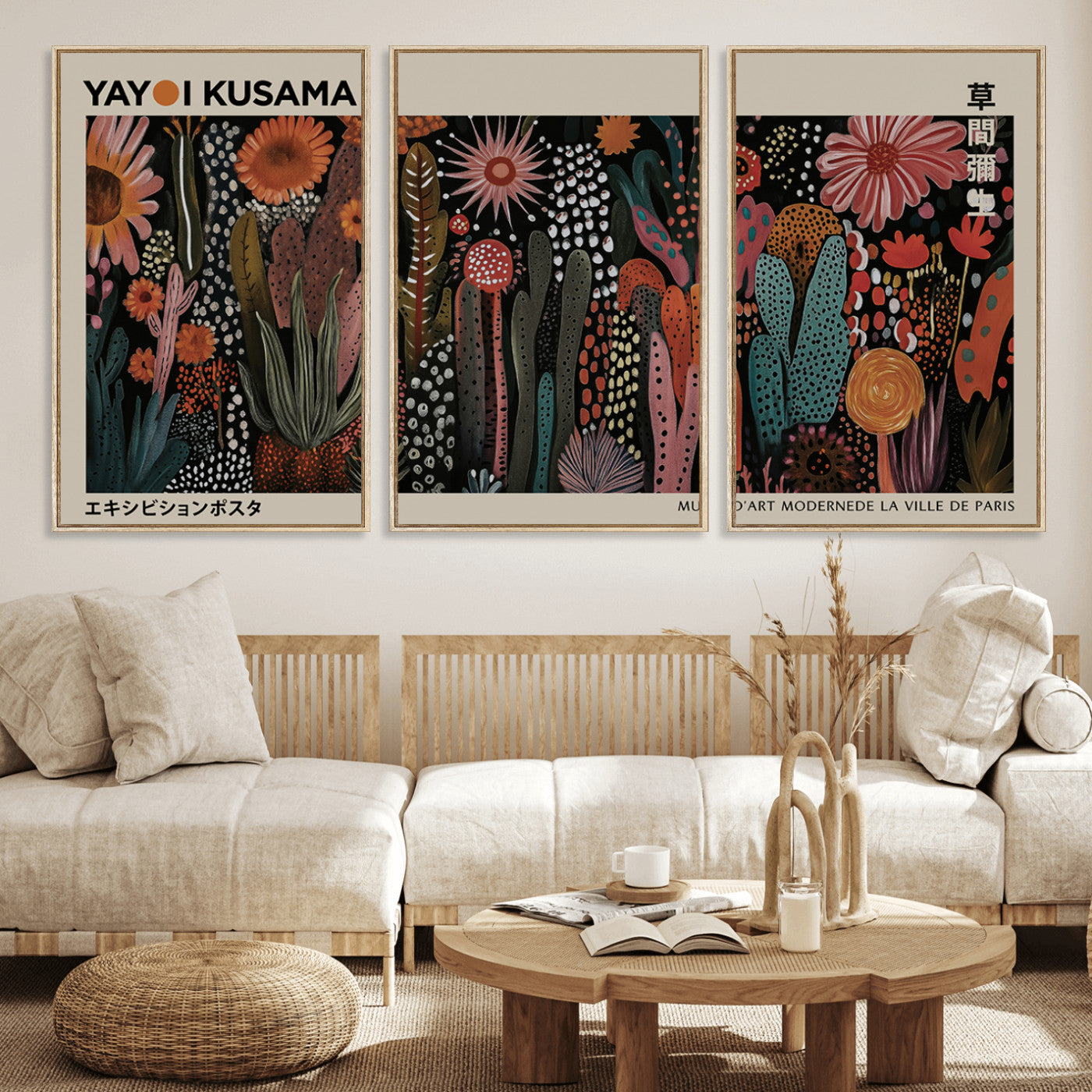 28344895-MGV-CV-36X24-Dark Floral Abstract Wall Art Poster – Modern Botanical Canvas Print with Beige Border, Kusama Inspired Boho Flower Painting,