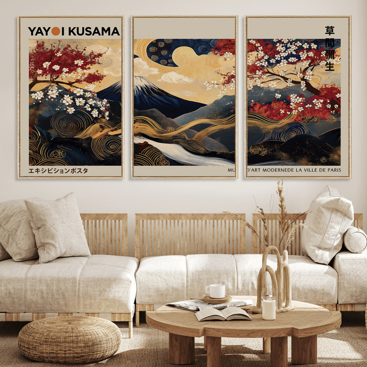 54967195-MGV-FC-60X30-3P_Natural-Mount Fuji Wall Art – Japanese Cherry Blossom Abstract Canvas Print, Navy Gold Landscape Painting, Oriental Luxury Home Decor