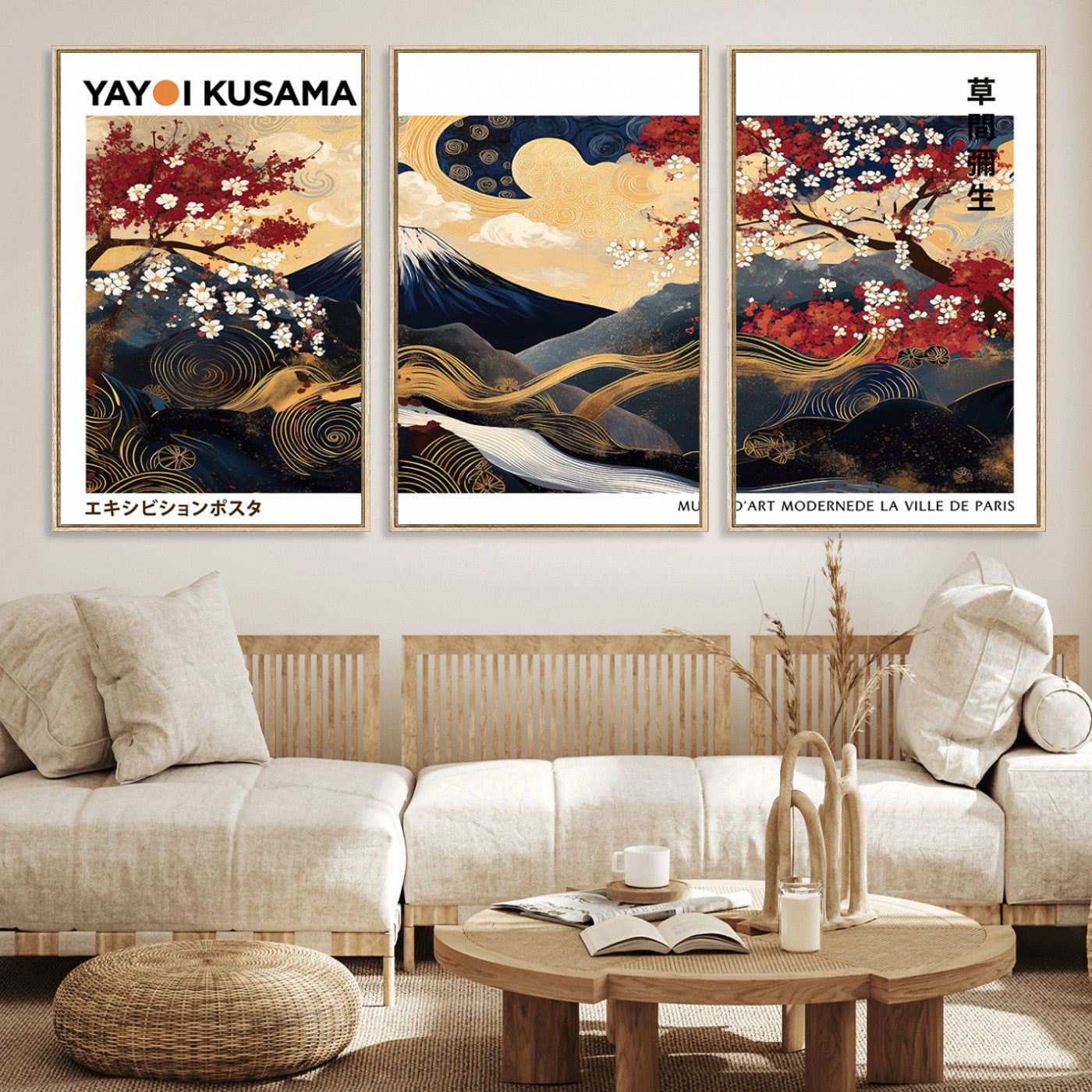 66243961-MGV-FC-60X30-3P_Natural-Mount Fuji Japanese Wall Art – Golden Abstract Landscape Canvas Print, Cherry Blossom Painting, Modern Oriental Zen Home Decor