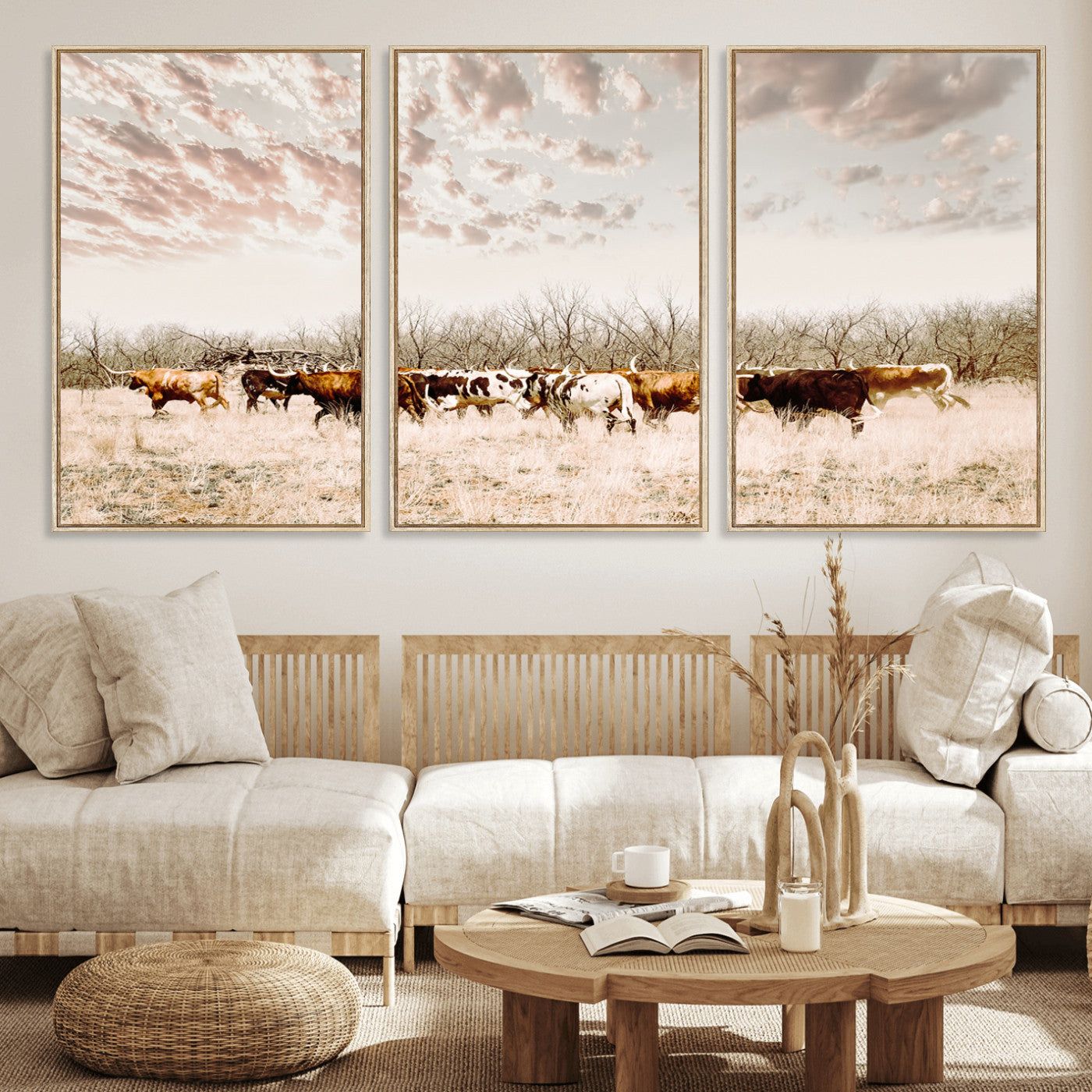 57389417-MGV-FC-60X30-3P_Natural-Cow Herd Photography Wall Art Canvas Print, Framed Rustic Farmhouse Decor Art Picture Print, Western Ranch Style Perfect Rustic