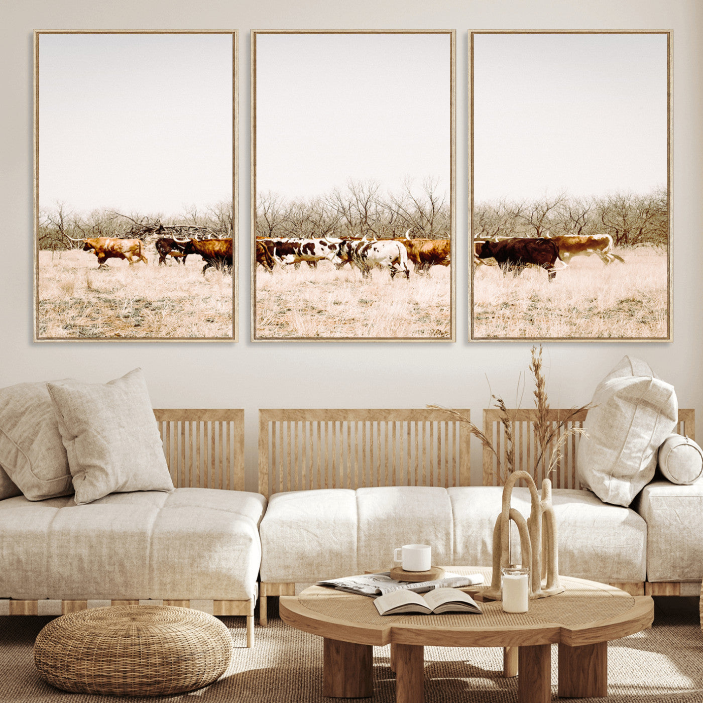 12454132-MGV-FC-60X30-3P_Natural-Cow Herd Photography Wall Art Canvas Print, Framed Rustic Farmhouse Decor Art Picture Print, Western Ranch Style Perfect Rustic