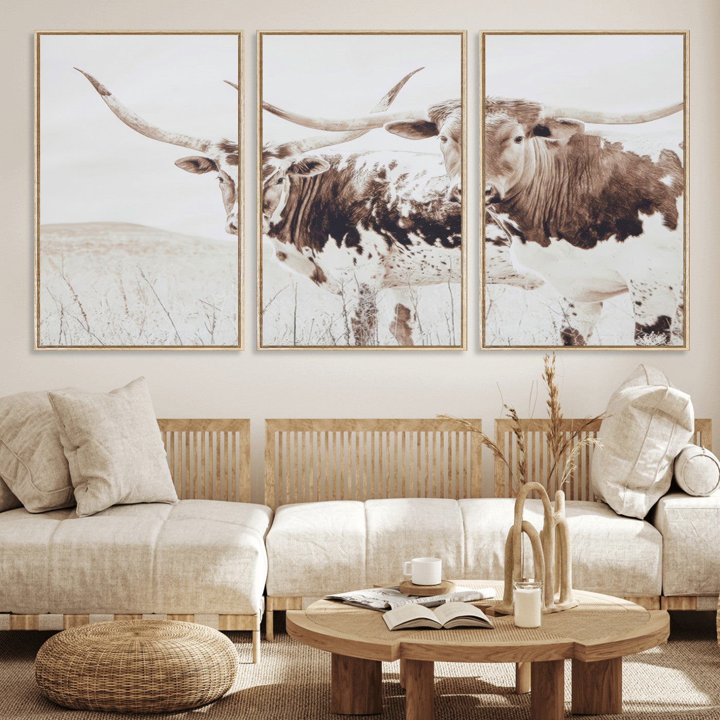 48161868-MGV-CV-36X24-Longhorn Cow Decor Wall Art Canvas Print, Framed Rustic Cattle Art Picture Print, Sepia Western Vibe Perfect Neutral Rustic