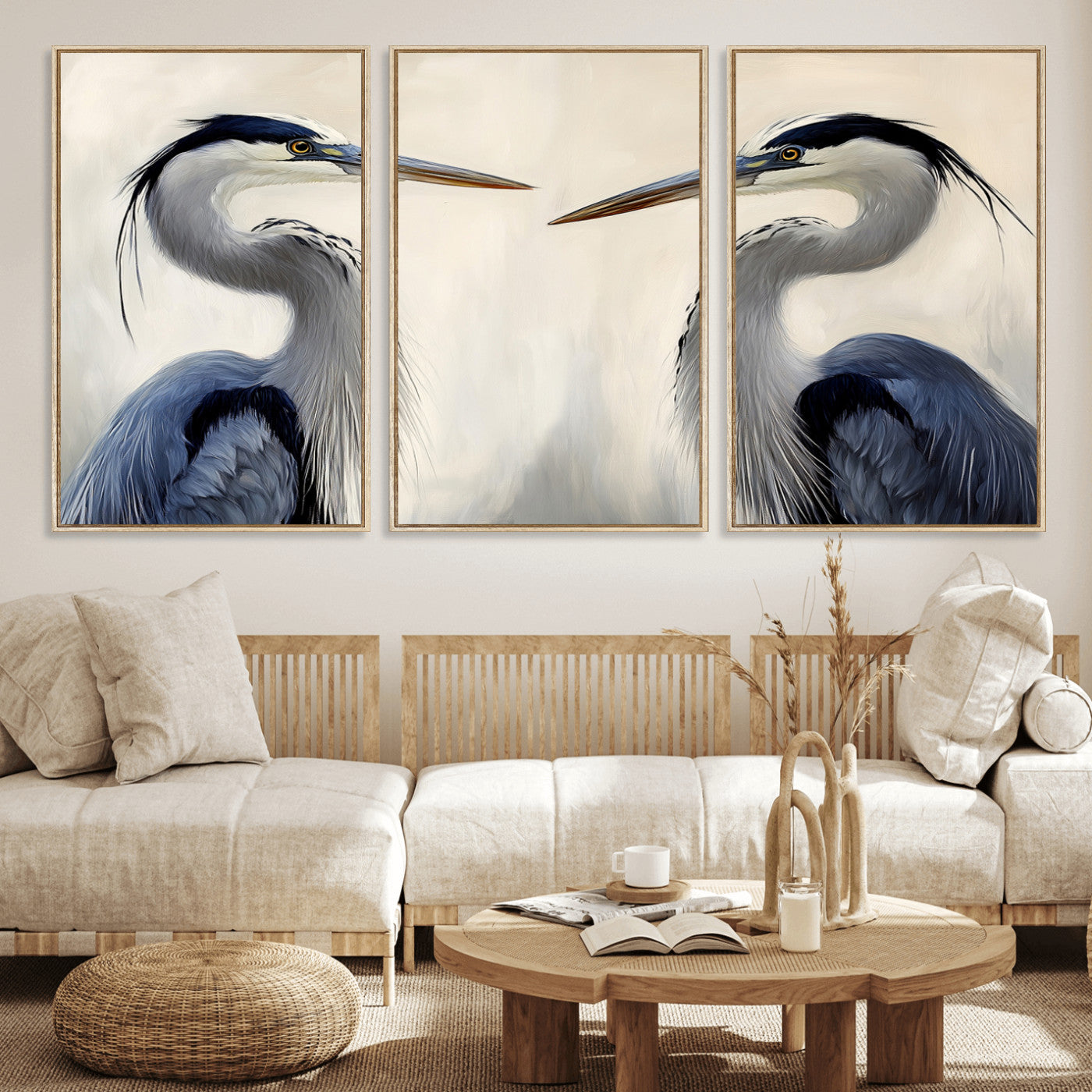 18230556-MGV-FC-60X30-3P_Natural-Blue Heron Pair Wall Art Canvas Print, Framed Coastal Bird Theme Art Picture Print, Tranquil Wildlife Scene Perfect Coastal