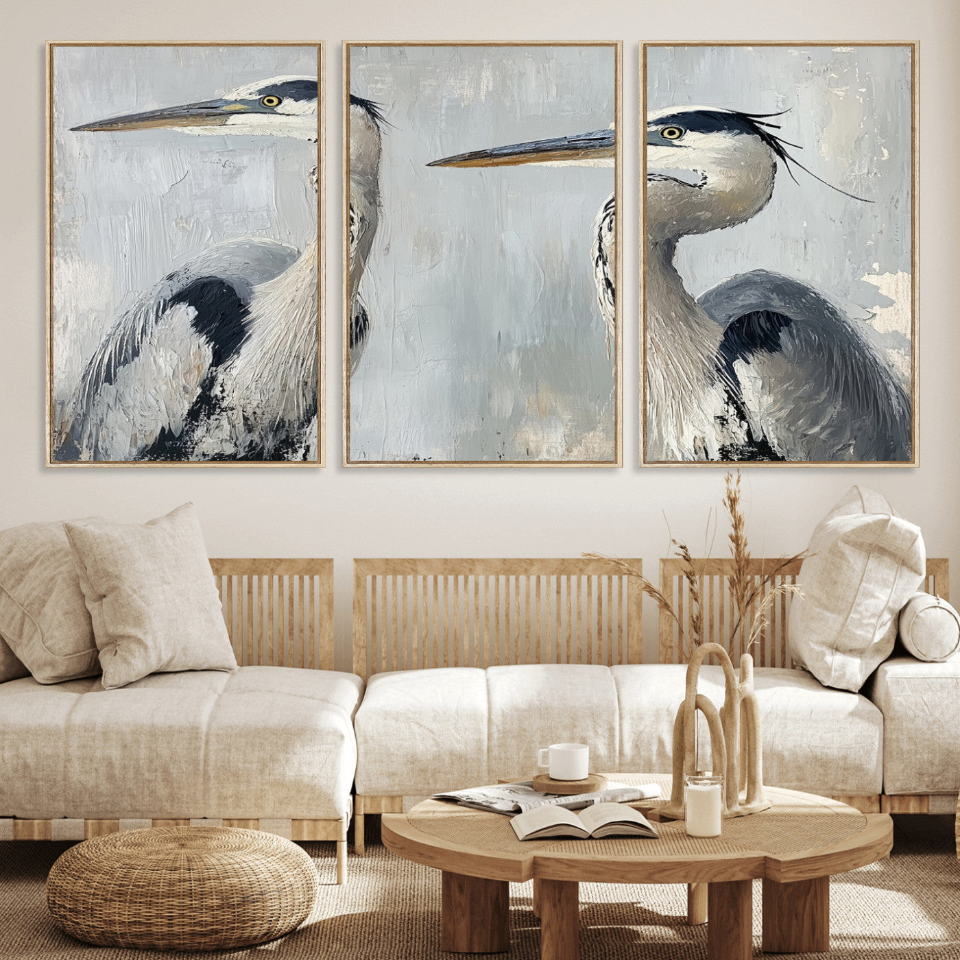 19427826-MGV-FC-60X30-3P_Natural-Bird Canvas Decor Wall Art Canvas Print, Framed Coastal Bird Pair Art Picture Print, Minimalist Wildlife Wall Perfect Coastal