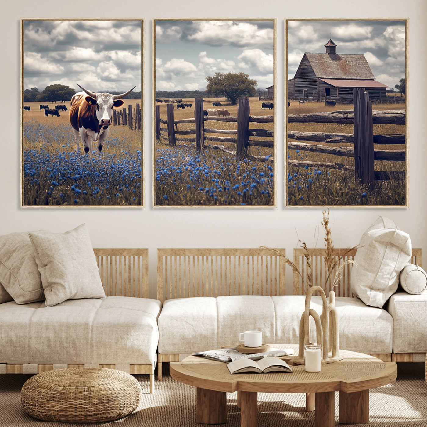 22296025-MGV-FC-60X30-3P_Natural-Texas Longhorn Canvas Wall Art Canvas Print, Framed Rustic Barn Wall Art Art Picture Print, Farmhouse Cow Decor Perfect Rustic