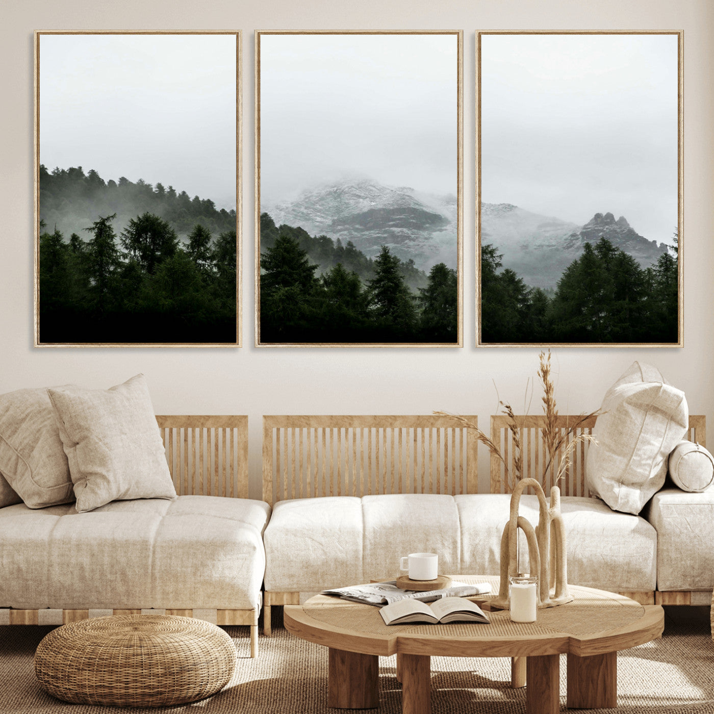 55968349-MGV-CV-36X24-Misty Mountains Wall Art Canvas Print, Framed Foggy Forest Art Picture Print, Snowy Peaks Perfect Moody Wilderness Decor Artwork