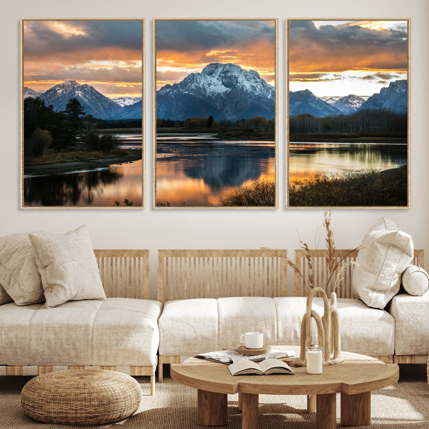 14130176-MGV-FC-60X30-3P_Natural-Mountain Sunset Wall Art Canvas Print, Framed Alpine Wilderness Art Picture Print, Golden Hour Perfect Rustic Wilderness Decor