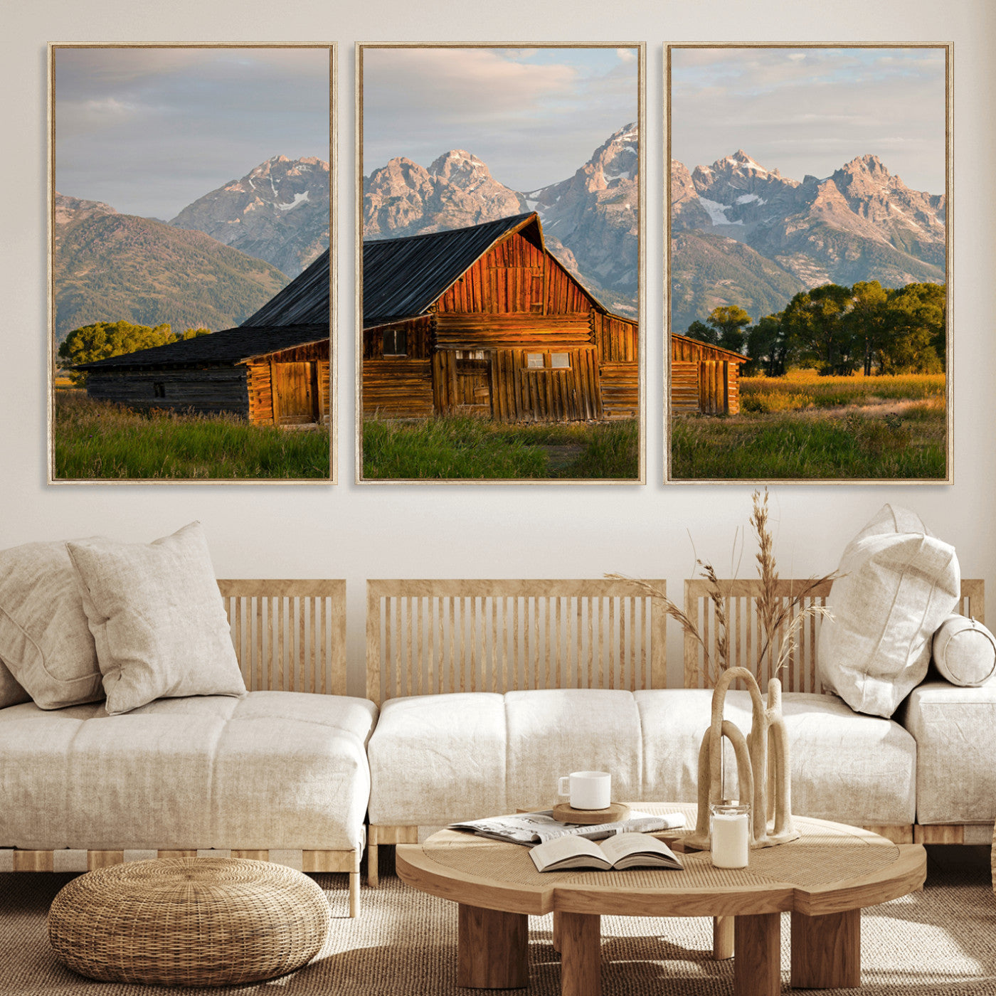 31771014-MGV-FC-60X30-3P_Natural-Rustic Barn Wall Art Canvas Print, Framed Western Landscape Art Picture Print, Farmhouse Style Perfect Rustic Farmhouse Decor