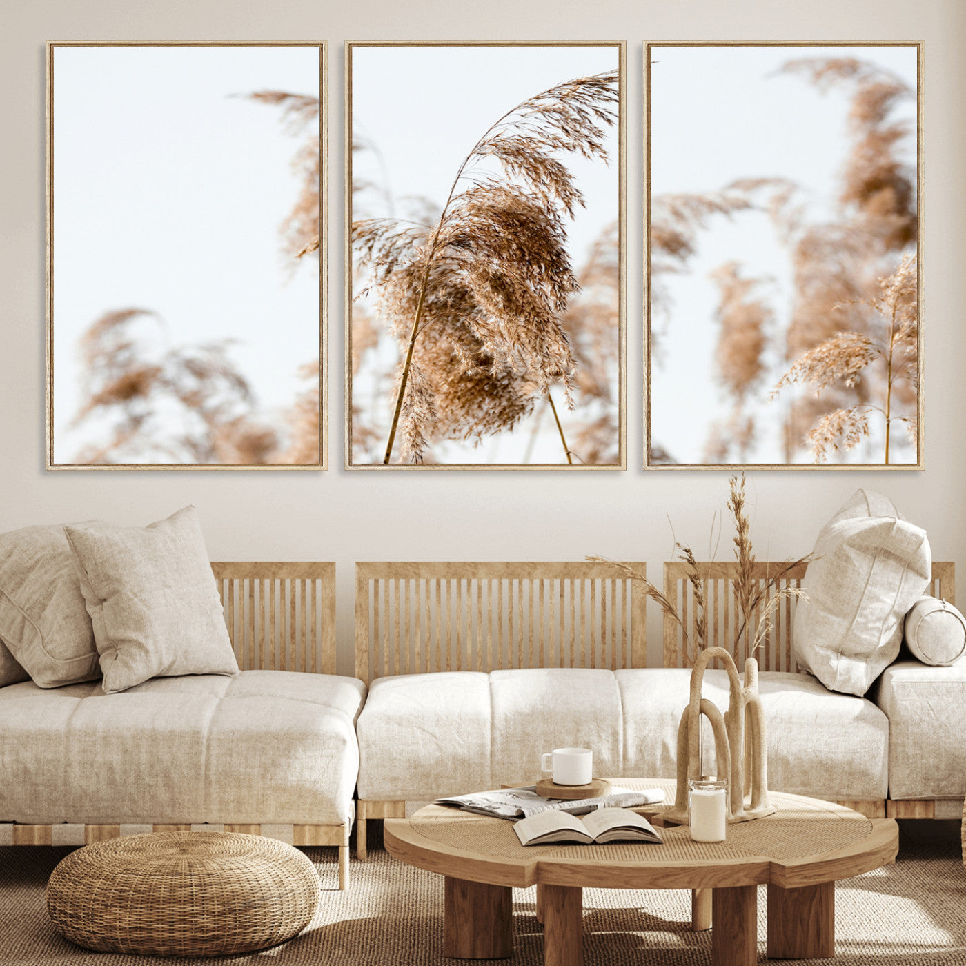 17019393-MGV-FC-60X30-3P_Natural-Pampas Grass Wall Art Canvas Print, Framed Neutral Tones Art Picture Print, Minimalist Nature Perfect Boho Minimalist Decor