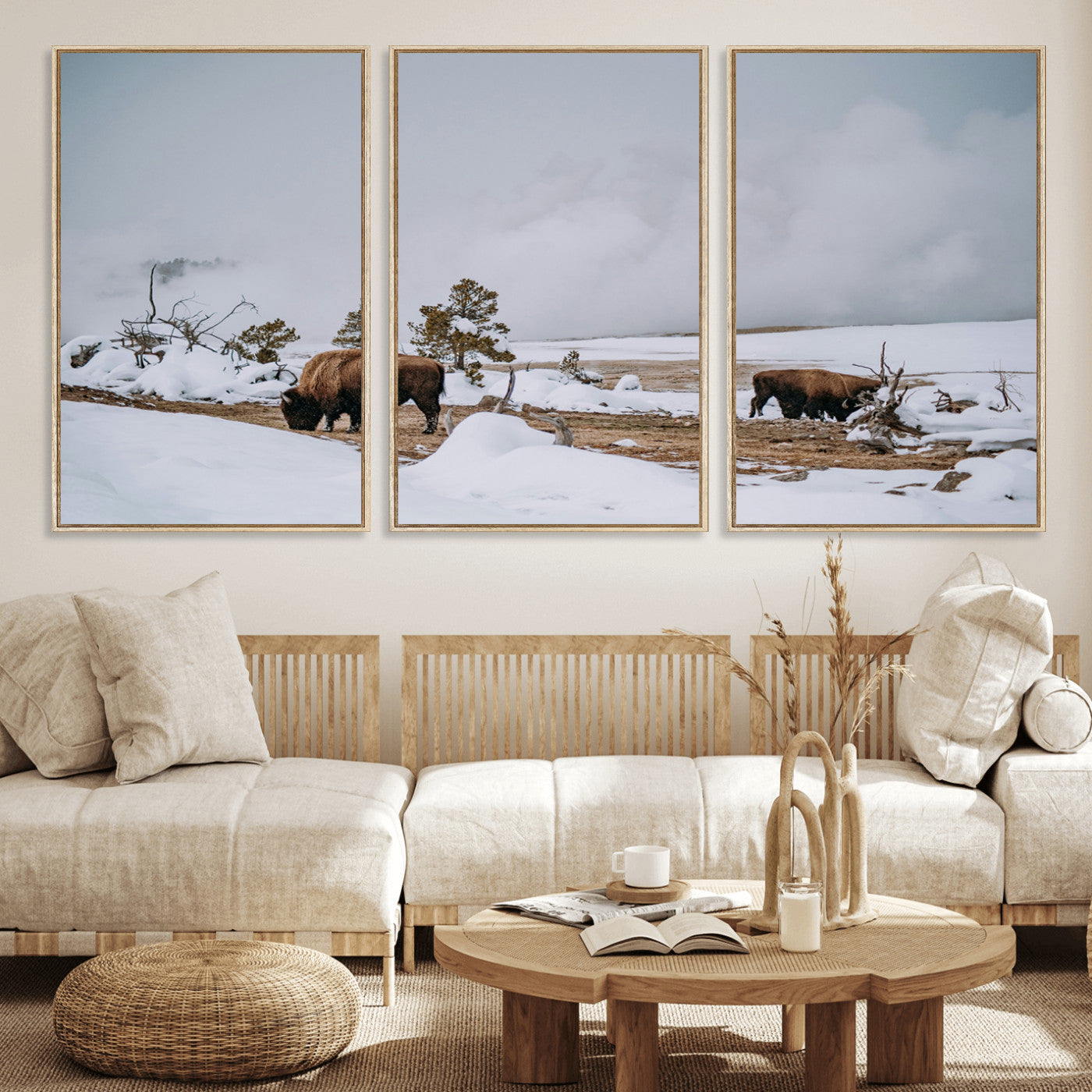 60308289-MGV-FC-60X30-3P_Natural-Bison Wildlife Wall Art Canvas Print, Framed Snowy Prairie Art Picture Print, Western Landscape Perfect Rustic Winter Decor