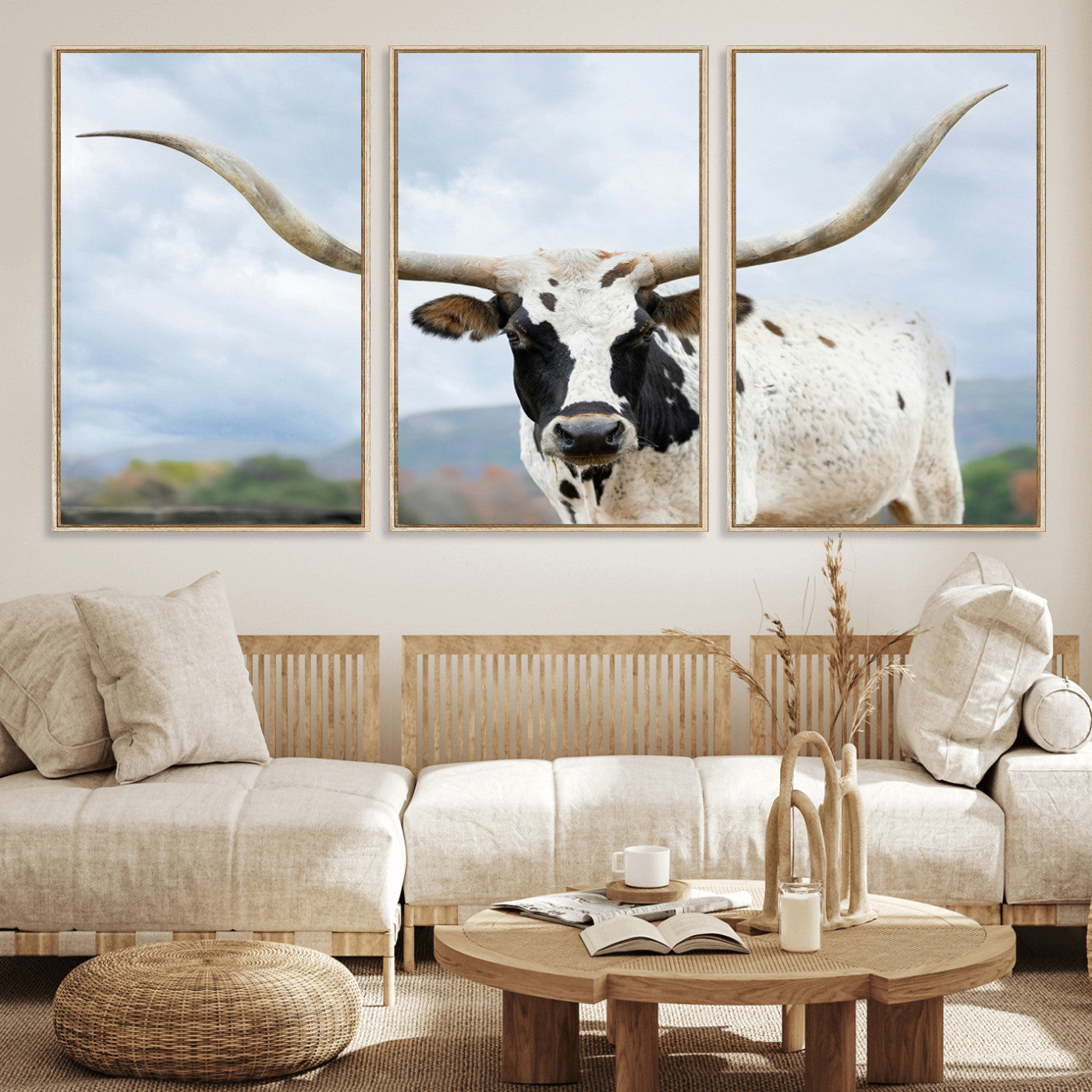 63592811-MGV-FC-60X30-3P_Natural-Texas Longhorn Wall Art Canvas Print, Framed Western Rustic Art Picture Print, Farmhouse Decor Perfect Rustic Farmhouse Decor