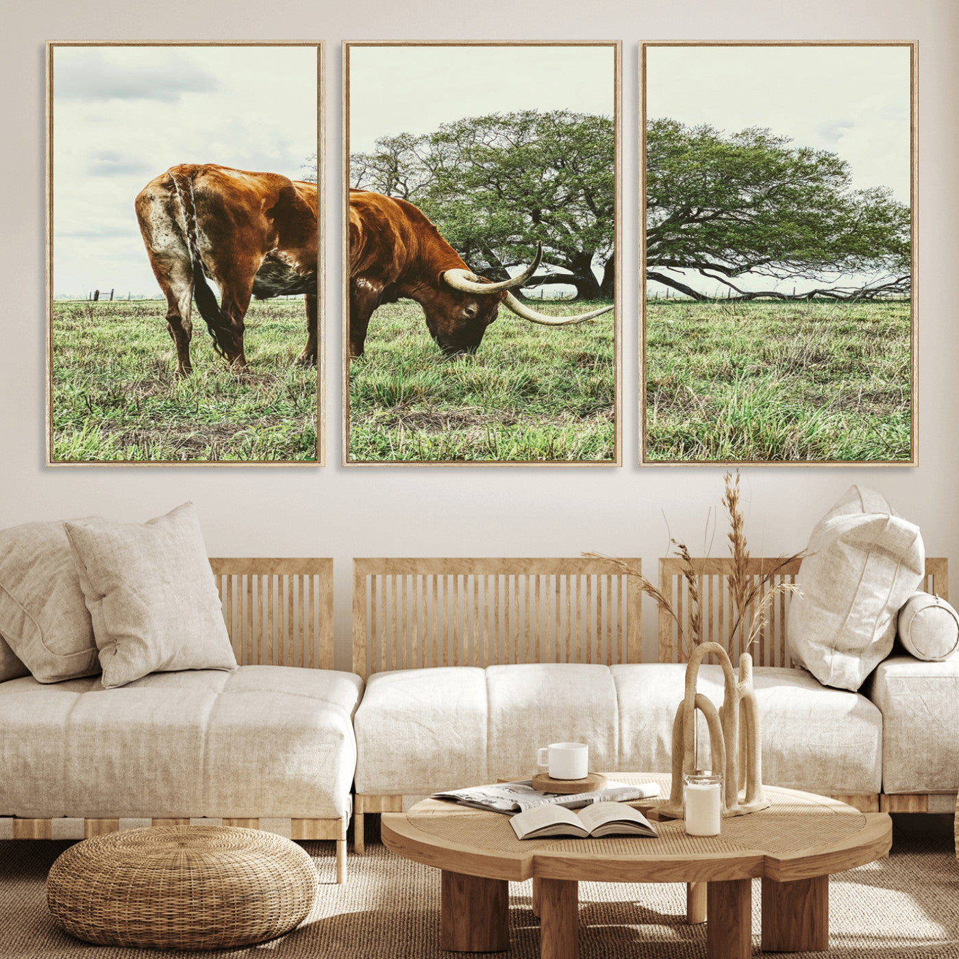 91866234-MGV-FC-60X30-3P_Natural-Texas Longhorn Wall Art Canvas Print, Framed Rustic Ranch Art Picture Print, Western Cattle Perfect Rustic Farmhouse Decor Artwork