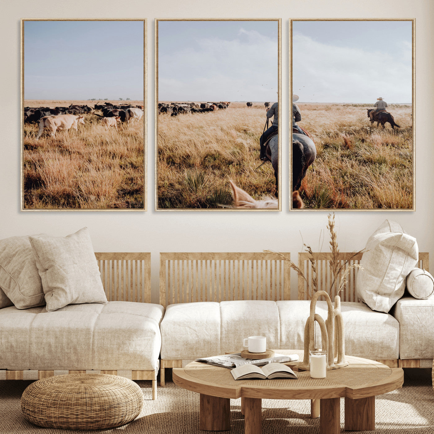 22431577-MGV-FC-60X30-3P_Natural-Western Wall Art Wall Art Canvas Print, Framed Cowboy Canvas Art Picture Print, Cattle Drive Scene Perfect Rustic Western Decor