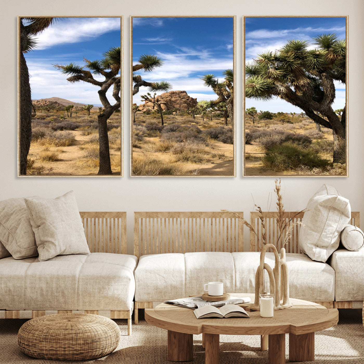 25722592-MGV-FC-60X30-3P_Natural-Joshua Tree Desert Wall Art Canvas Print, Framed Southwestern Nature Art Picture Print, Rustic Earth Tones Perfect Southwestern
